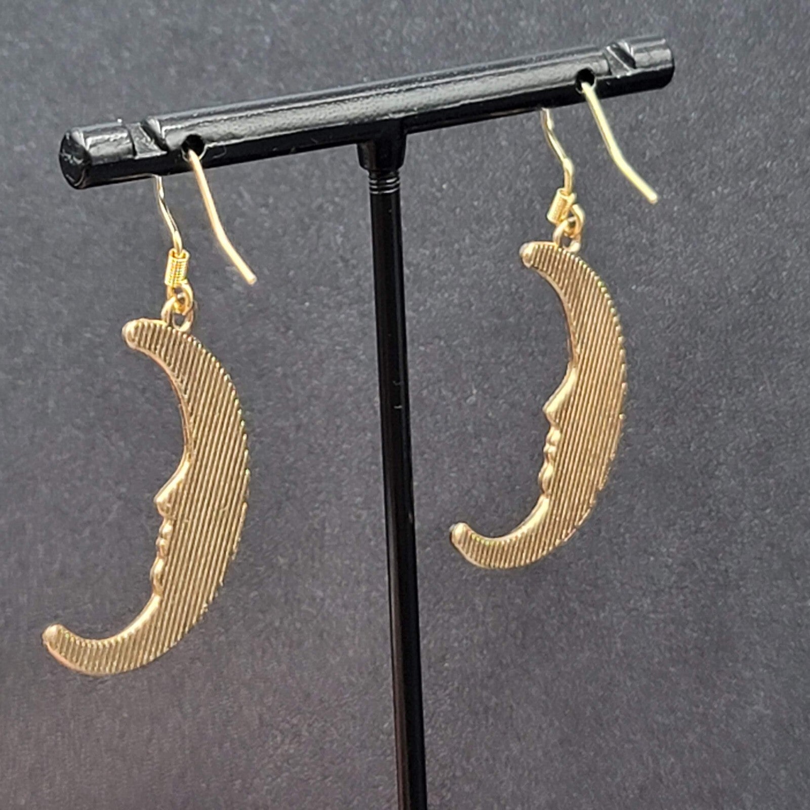 New Moon Pierced Earrings Gold tone Purple Enamel Dangle 1.25"