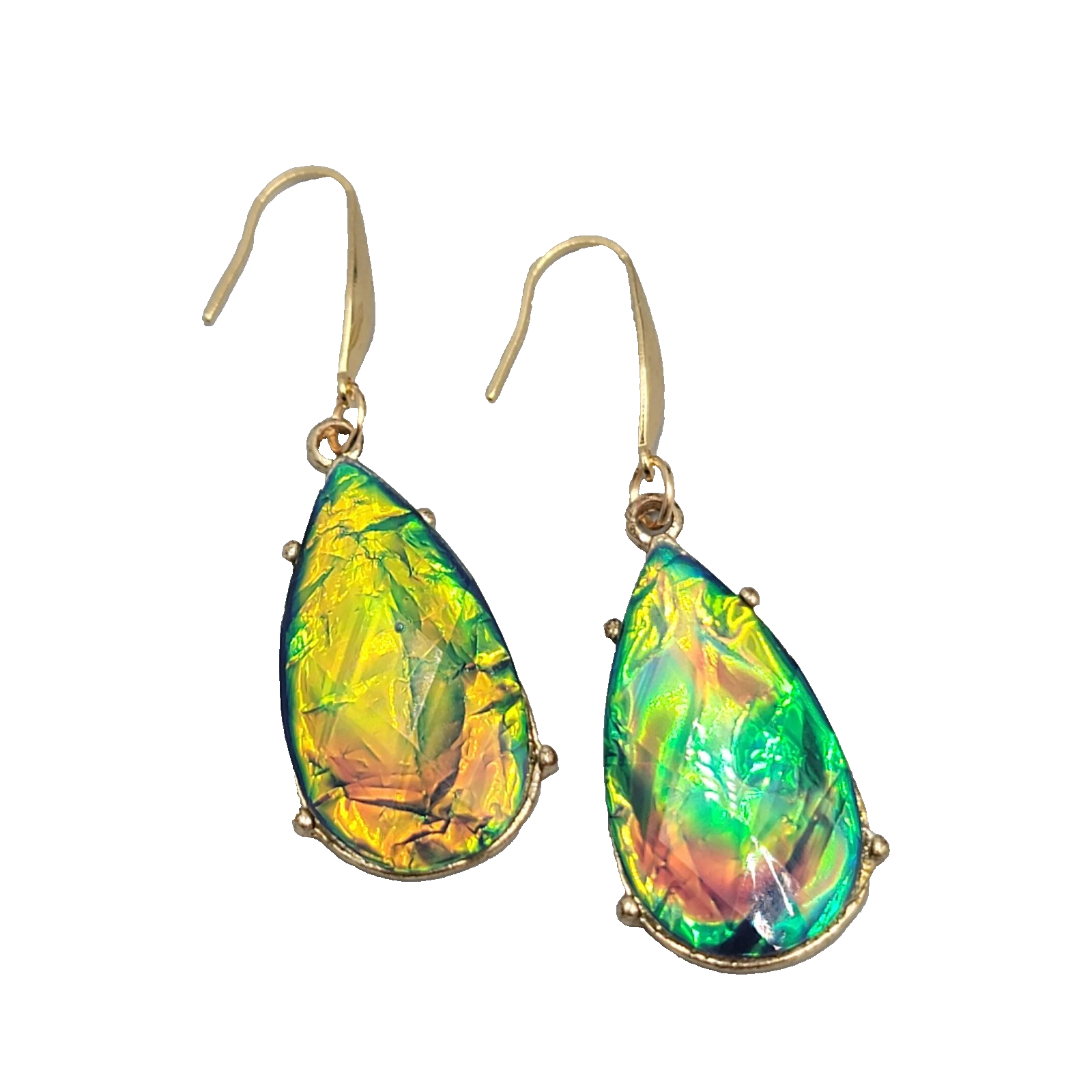 Multicolor Foil Teardrop Pierced Earrings Gold tone Dangle  1.25"