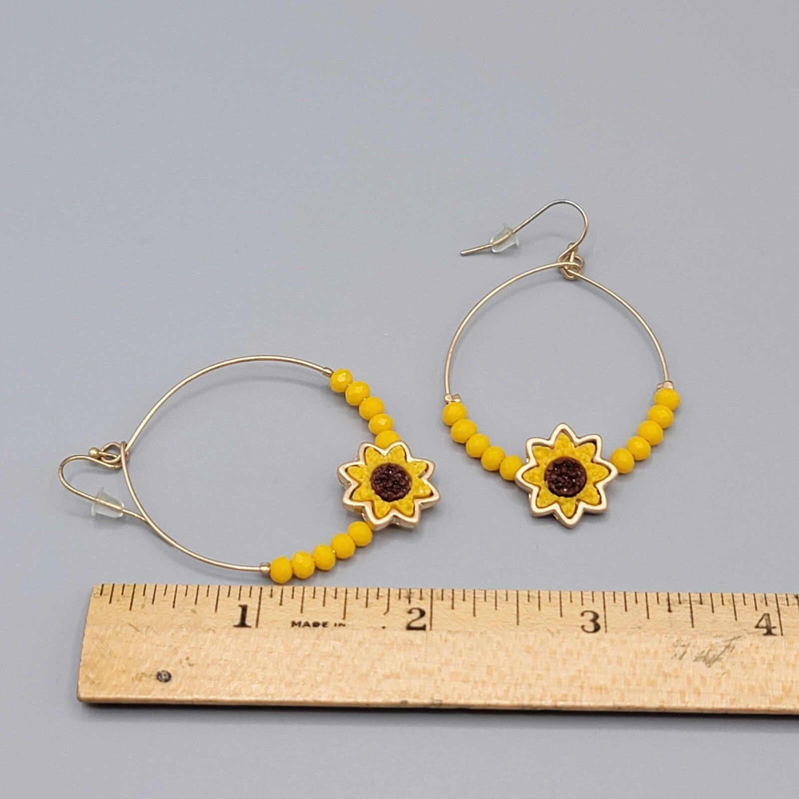 Sunflower Pierced Earrings Gold tone Yellow Bead Dangle hoops 2"
