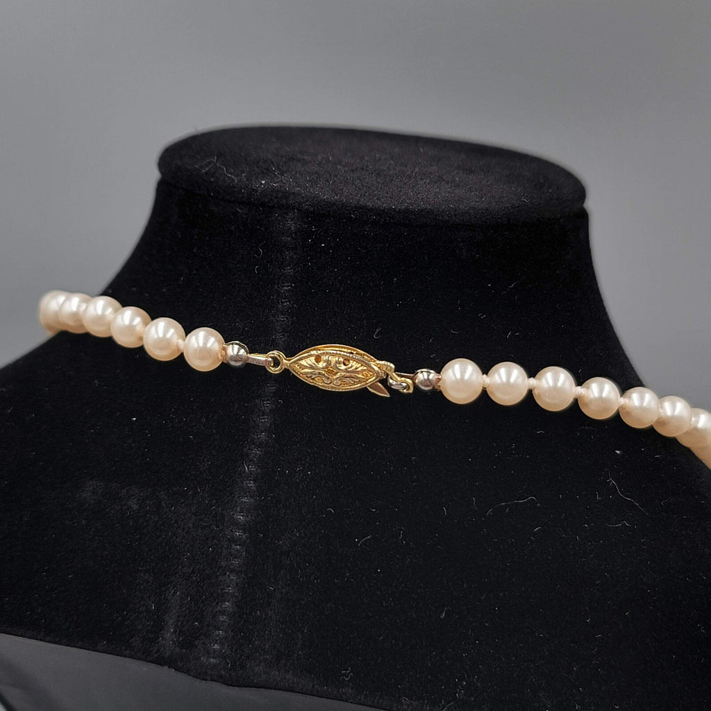 Vintage Faux Pearl Necklace Hand Knotted Gold tone Clasp 24"