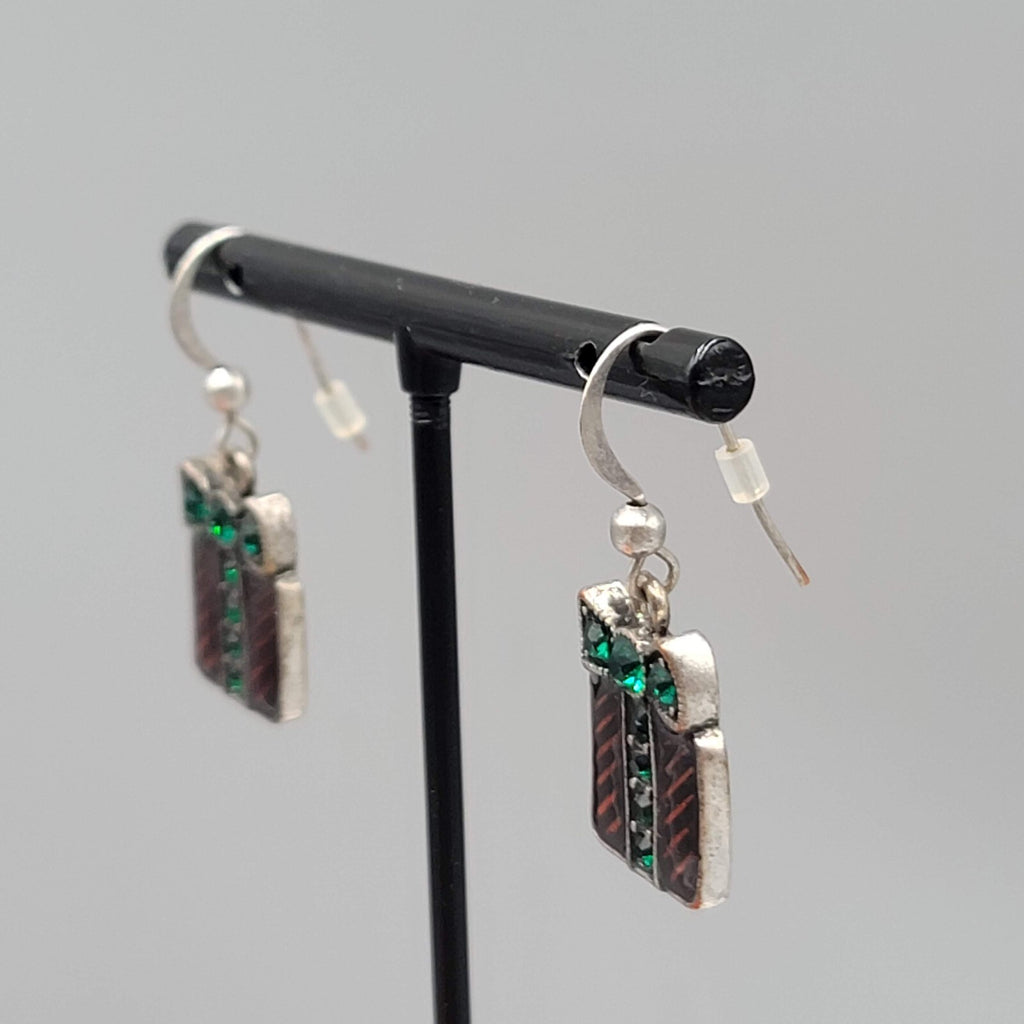 Christmas Present Pierced Earrings Enamel Rhinestone Silver tone Dangle 3/4"