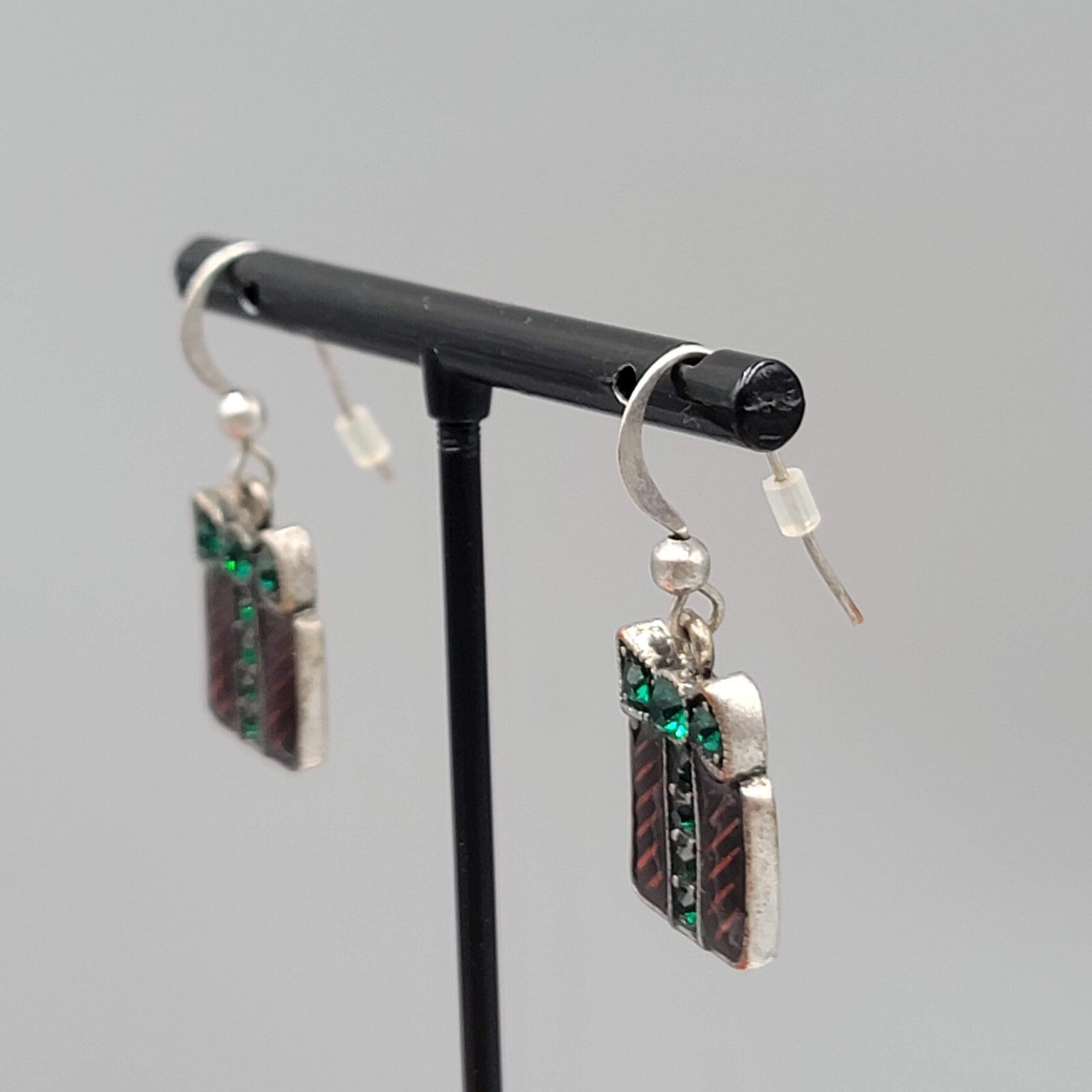Christmas Present Pierced Earrings Enamel Rhinestone Silver tone Dangle 3/4"