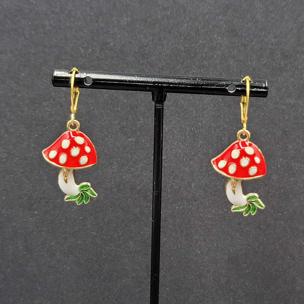 Mushroom Pierced Earrings Gold tone Enamel Red White Polka Dot Dangle 1"
