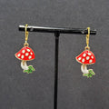 Mushroom Pierced Earrings Gold tone Enamel Red White Polka Dot Dangle 1"