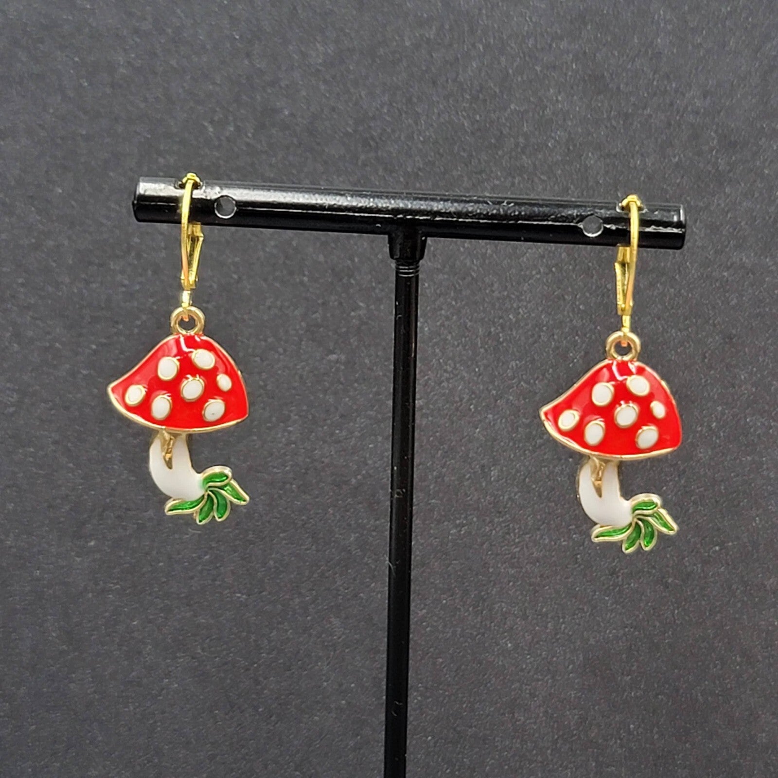 Mushroom Pierced Earrings Gold tone Enamel Red White Polka Dot Dangle 1"