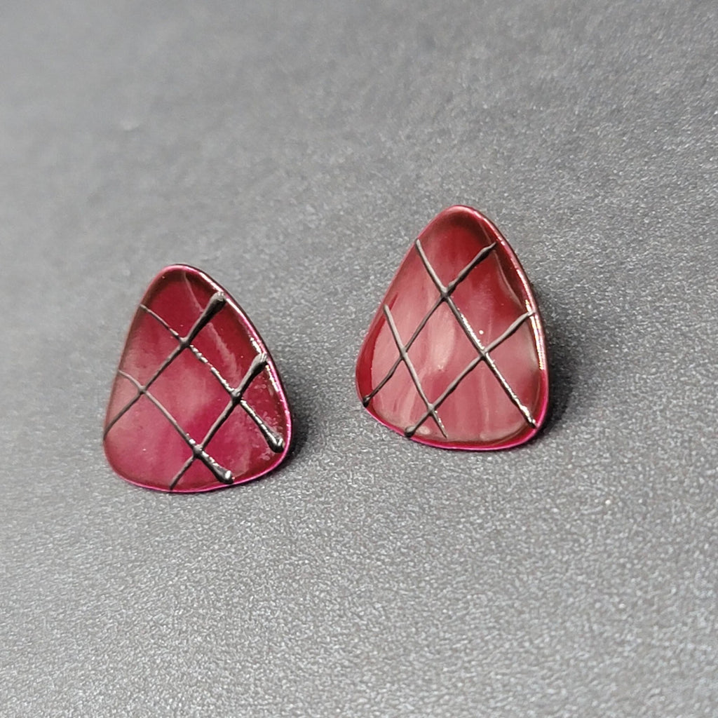 Vintage Pierced Earrings Burgundy Red Black Enamel over Metal Triangle Drop 3/4"
