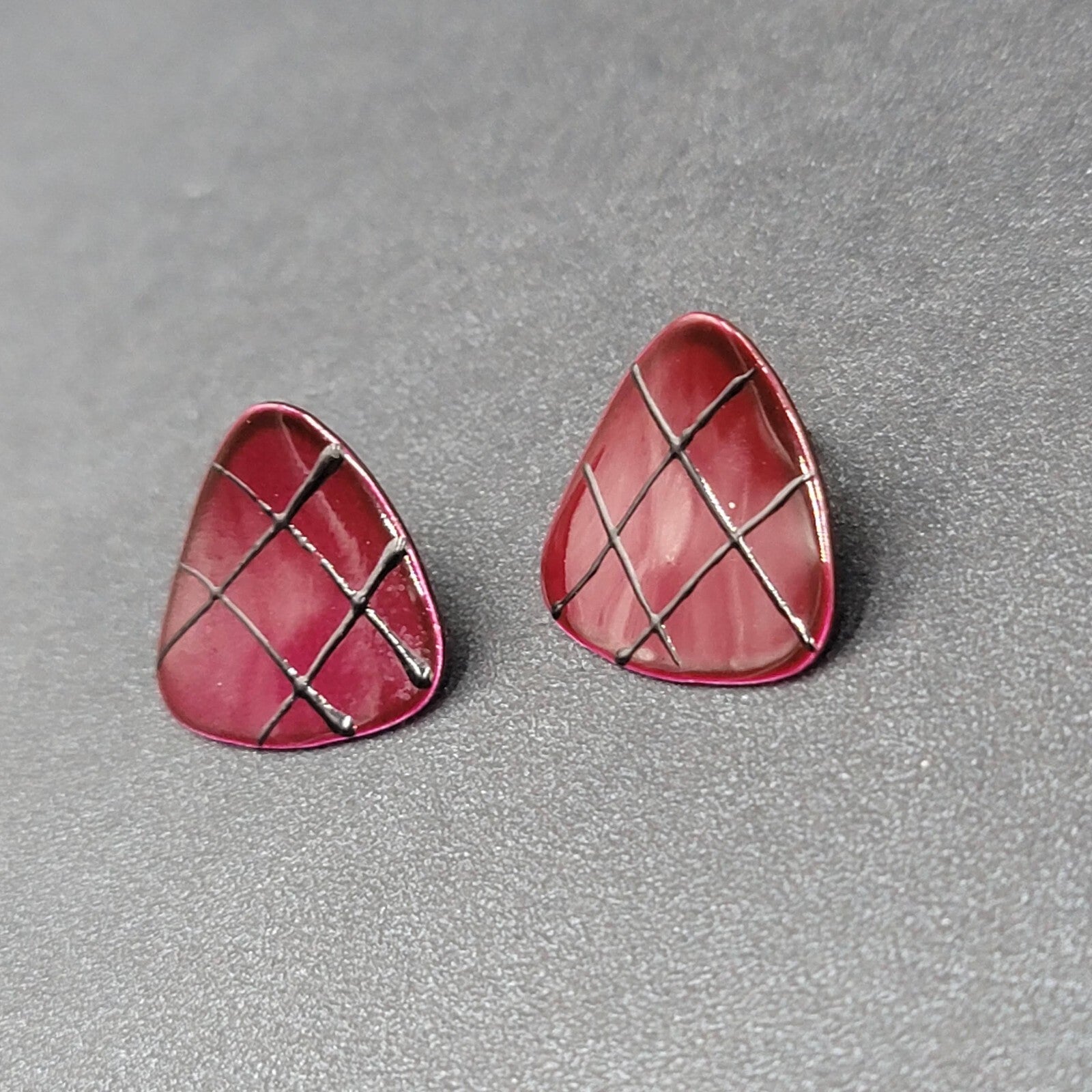 Vintage Pierced Earrings Burgundy Red Black Enamel over Metal Triangle Drop 3/4"