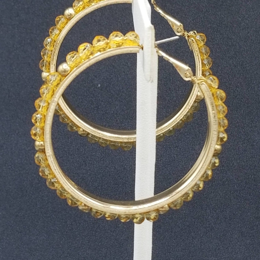 Pierced Earrings Gold tone Faceted Beaded Hoops 2"