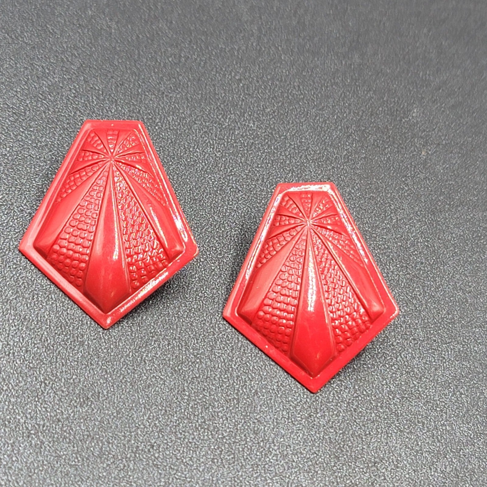 Vintage Pierced Earrings Red Embossed Enamel over Metal Drop 1.5"