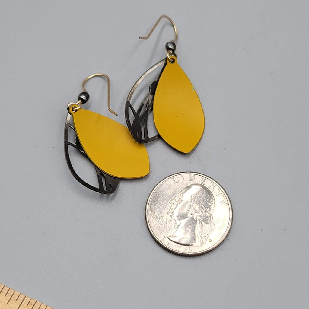 Butterfly Metal Wing Style Pierced Earrings Yellow Enamel Goldtone Dangle 1 1/8"