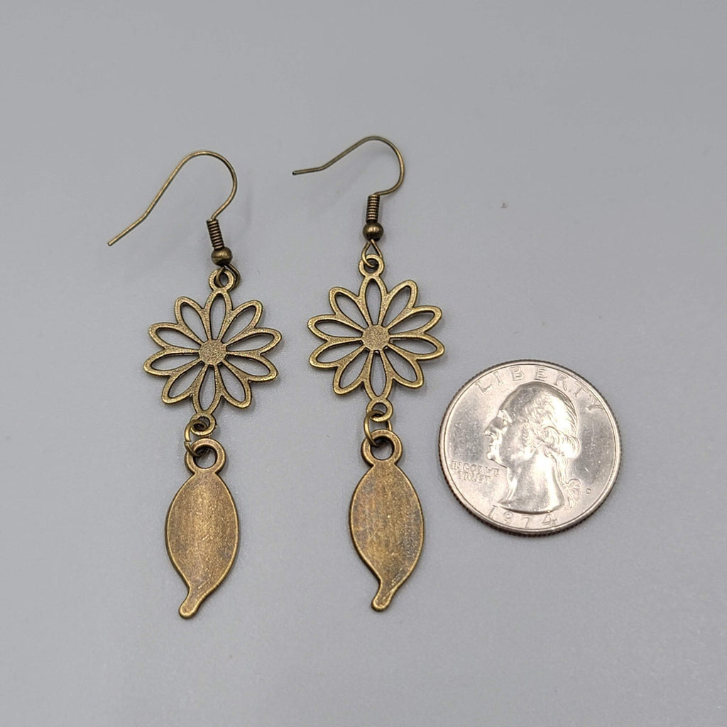 Flower Leaf Pierced Earrings Bronze tone Open Work Dangle NEW 2"