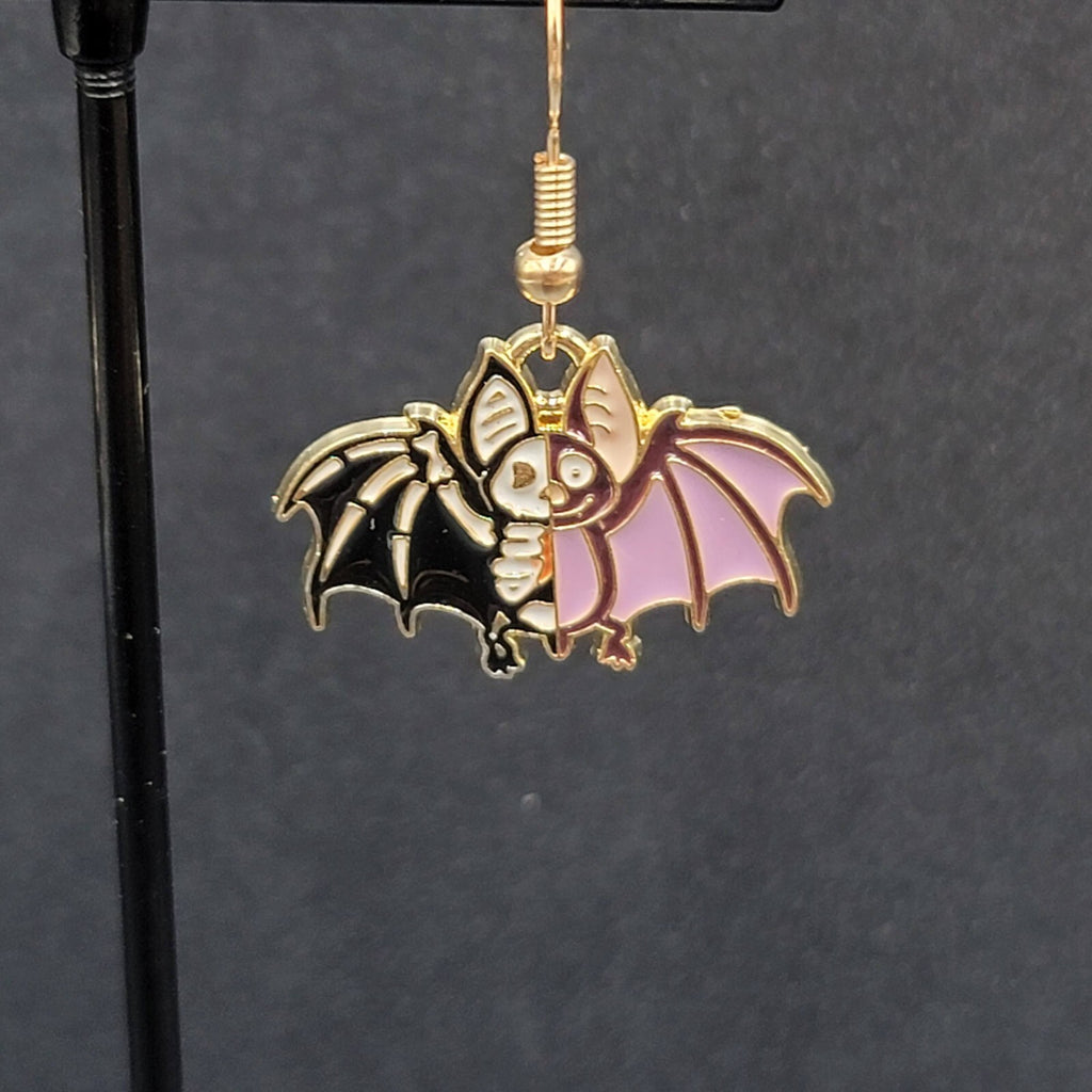 Zombie Bat Pierced Earrings Halloween Half Skeleton Enamel Dangle 3/4"