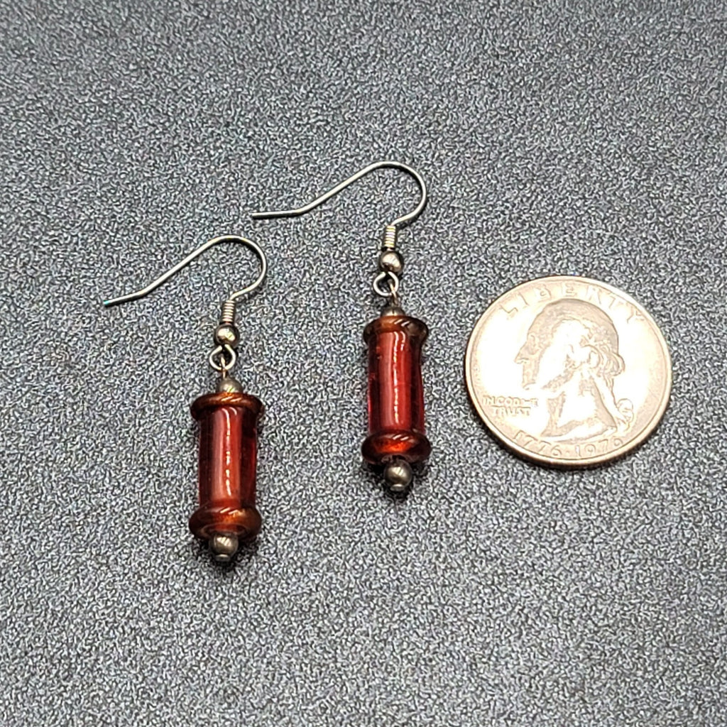 Pierced Earrings Red Cylinder Glass Bead Silver tone Dangle 1"