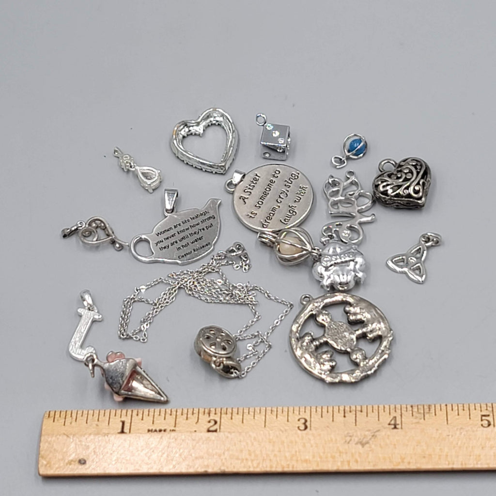 All Silver tone Pendant Lot of 16 Various Styles One Chain Included
