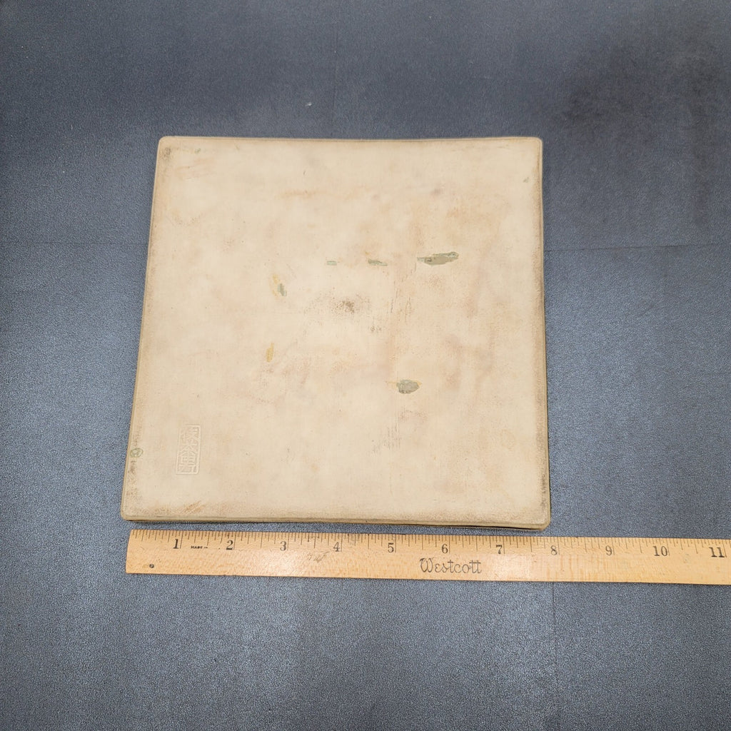Art Pottery Plate Tray Square Asian Signed Green Yellow Crazing 7.5"x7.5"x0.75"