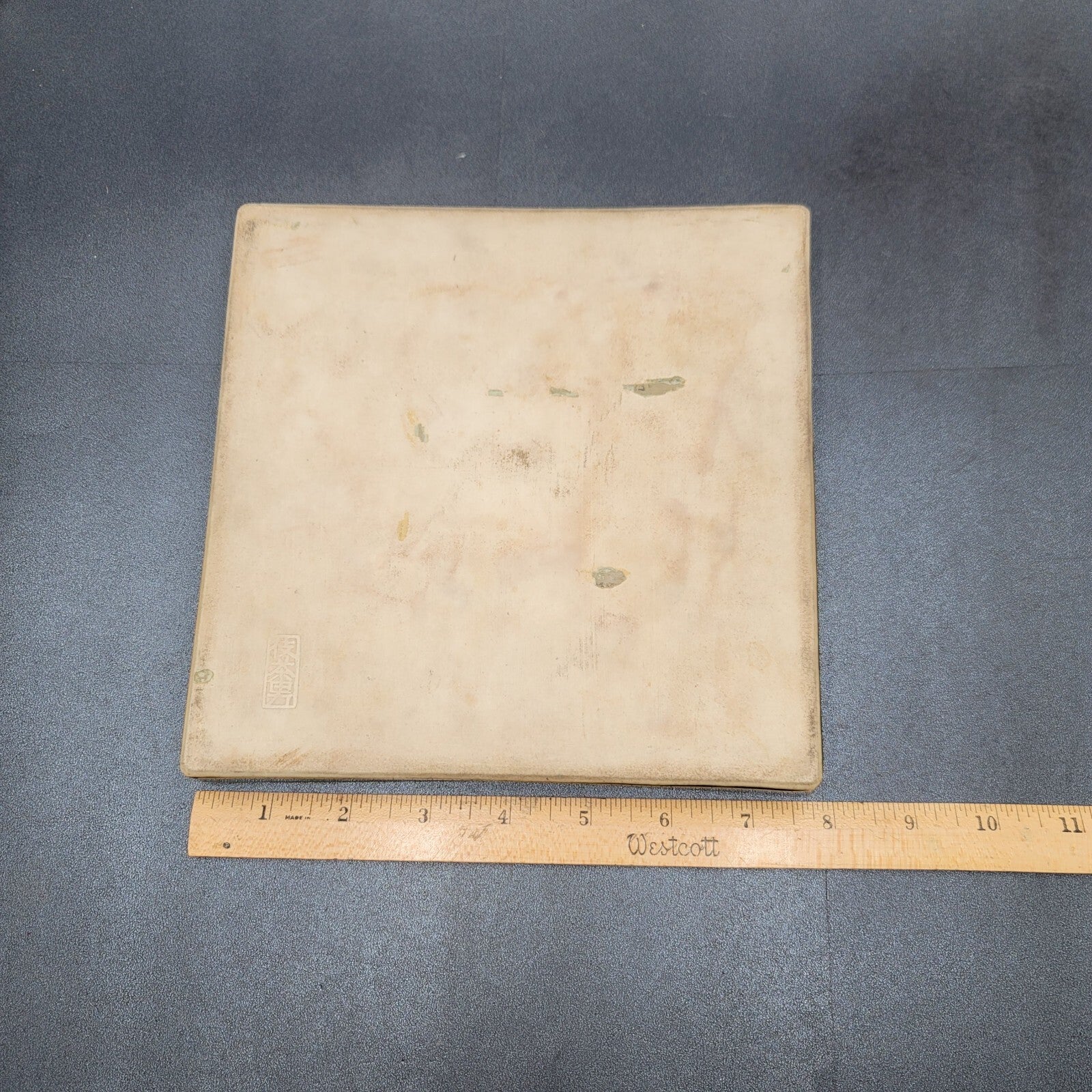 Art Pottery Plate Tray Square Asian Signed Green Yellow Crazing 7.5"x7.5"x0.75"