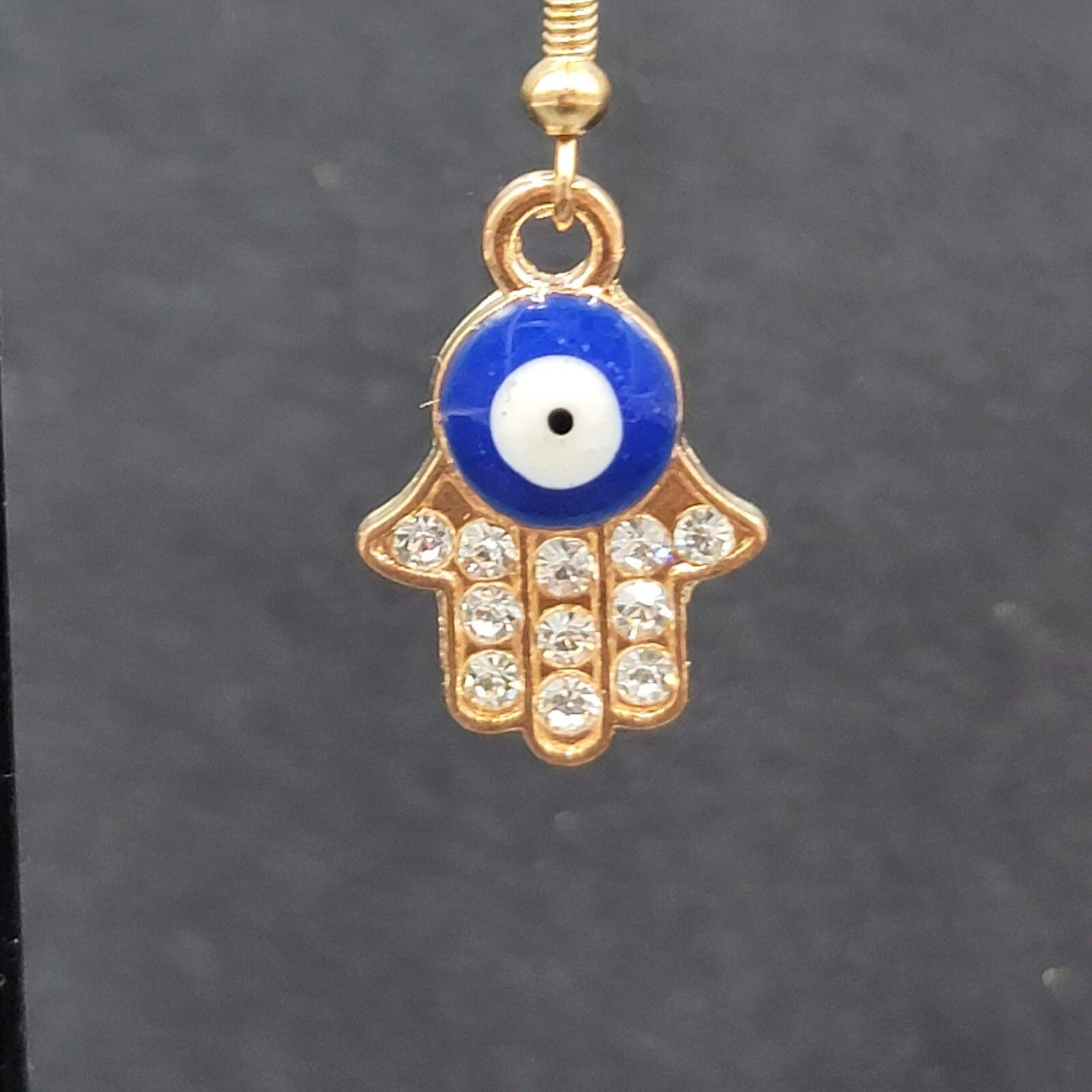 Hamsa Evil Eye Pierced Earrings Gold tone Enamel Rhinestone Dangle 7/8" New