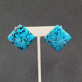 Vintage Pierced Earrings Acrylic Black Blue Enamel Statement Square Drop 1 1/8"