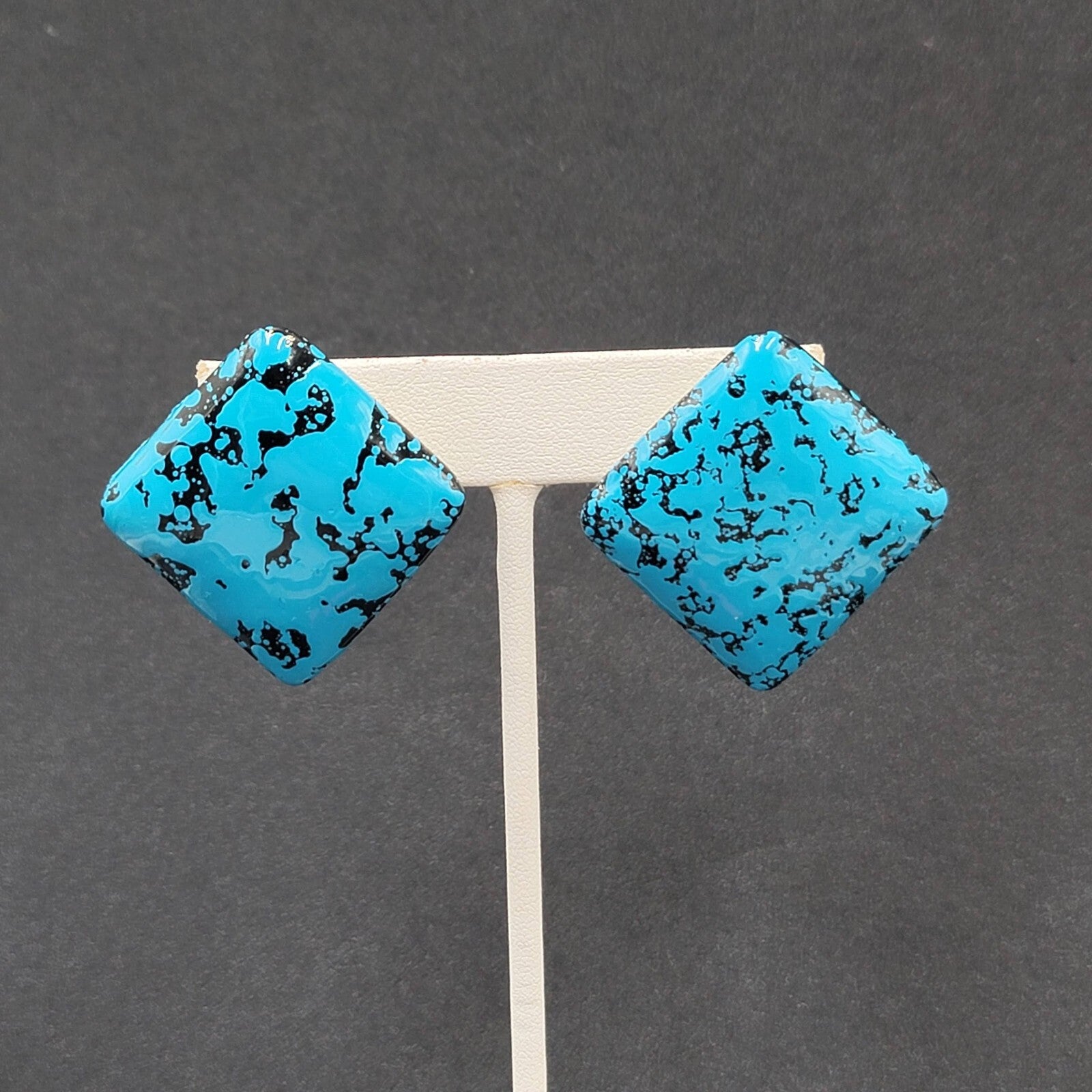 Vintage Pierced Earrings Acrylic Black Blue Enamel Statement Square Drop 1 1/8"