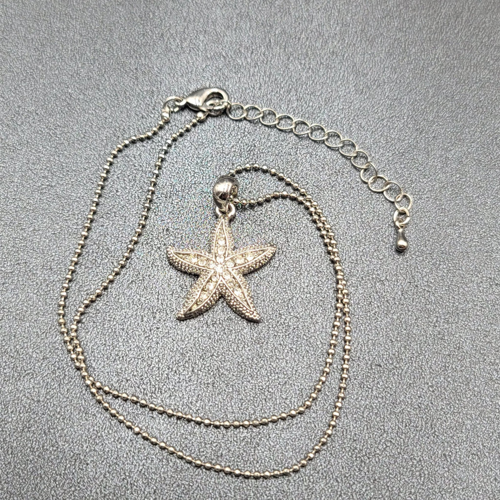 Starfish Necklace Silver tone Crystal Rhinestone Ball Chain 16"-18"