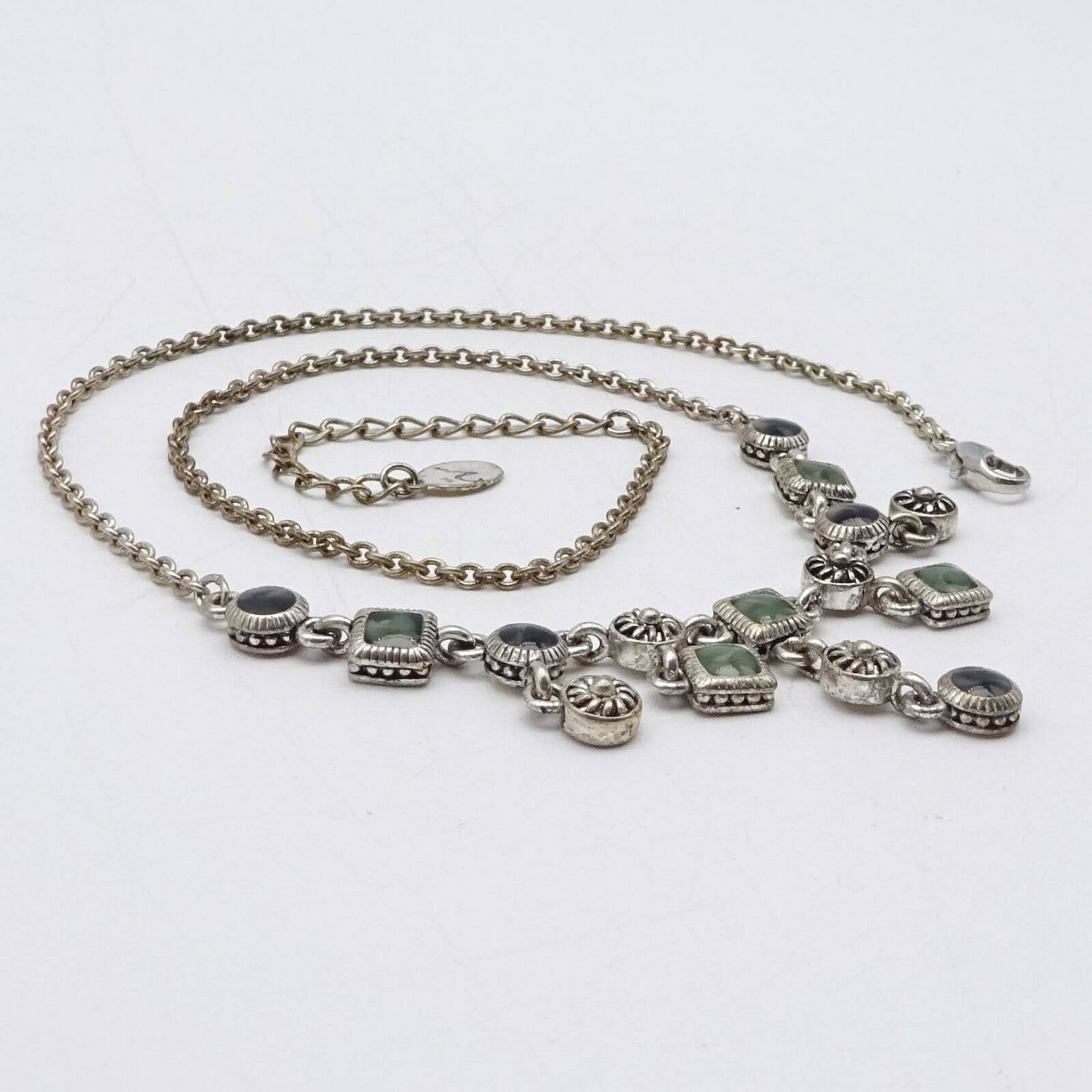 Necklace Silver tone Green Black Acrylic Dangle Signed Well Made 16" - 18”