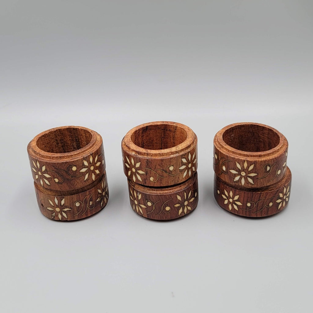 VINTAGE SET 6 VINTAGE MADE IN INDIA WOOD BRASS INLAY FLOWER NAPKIN RING