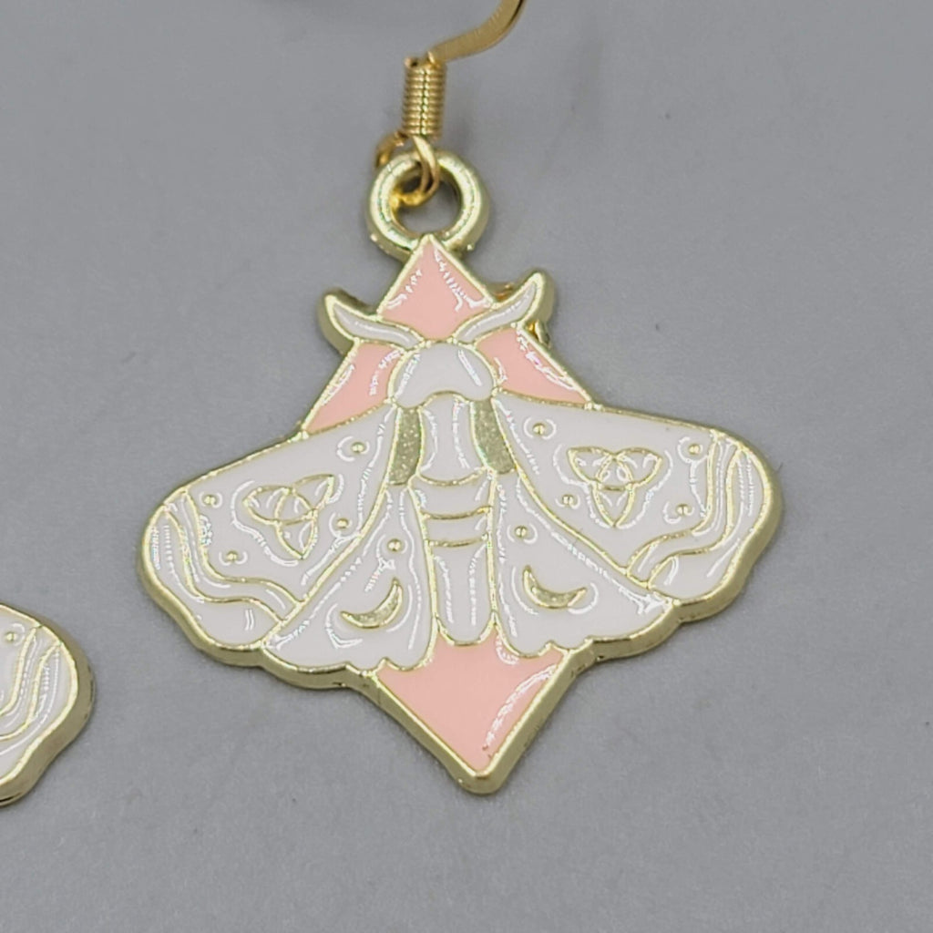 White Moth Pink Enamel Pierced Earrings Gold tone Dangle Butterfly 1"