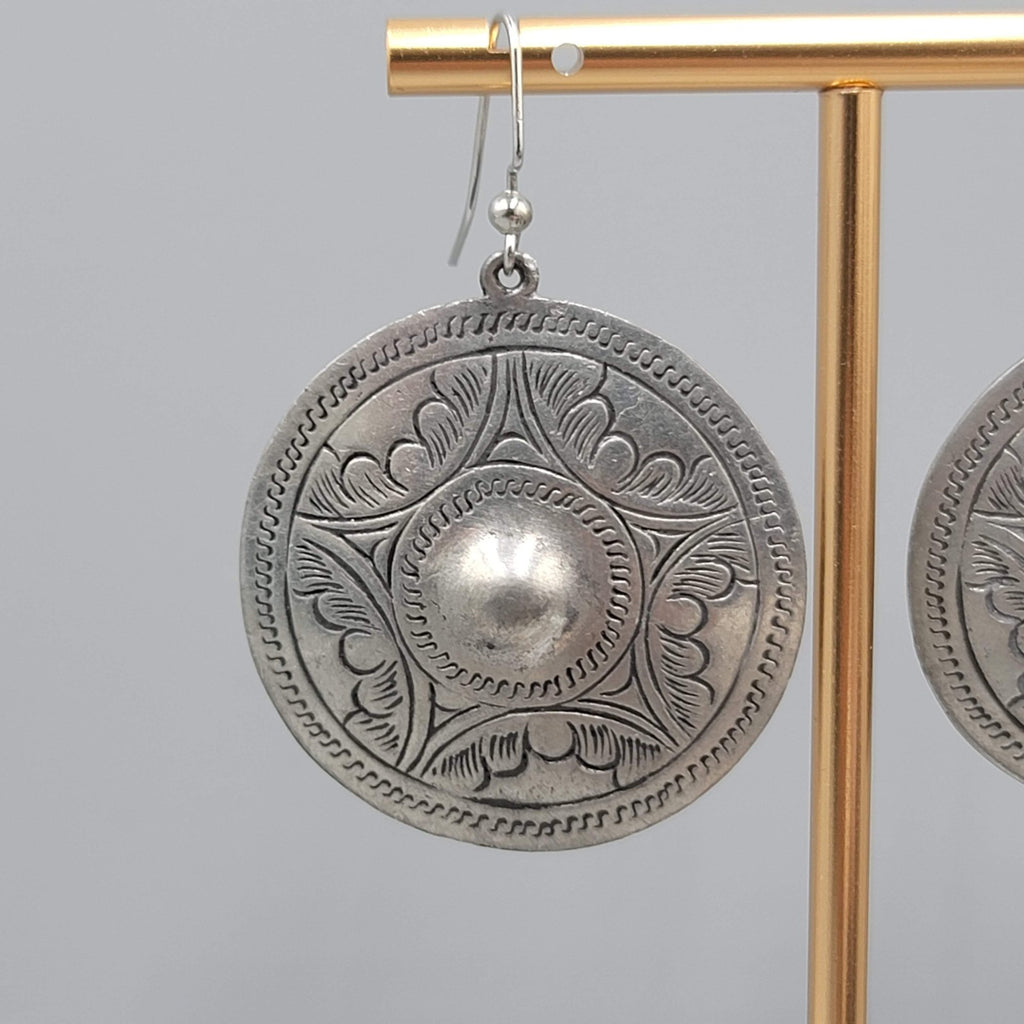 Mexico Engraved Silver tone Dangle Pierced Earrings Round 1.5"