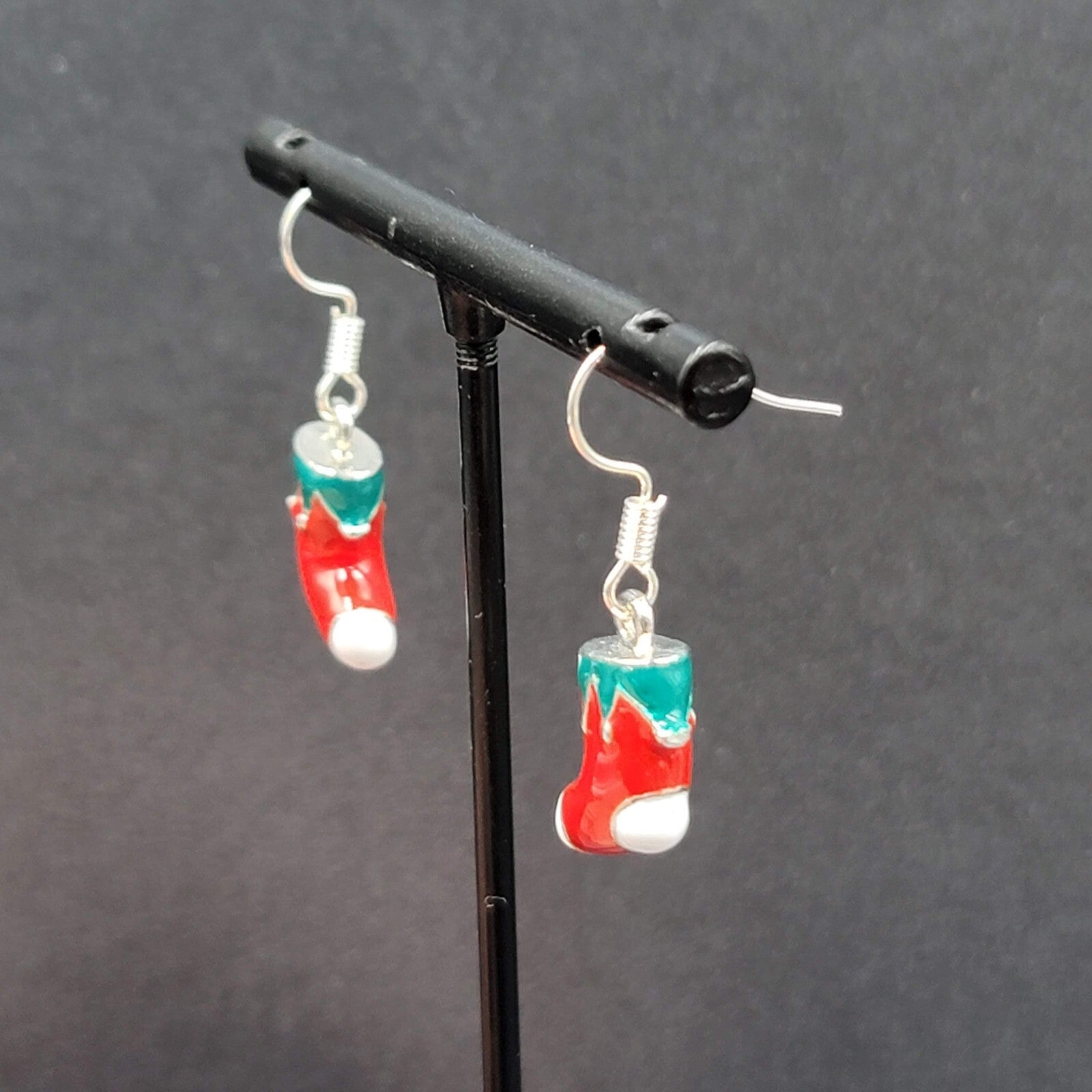 Christmas Pierced Earrings Silver tone Enamel Stockings Solid 5/8"