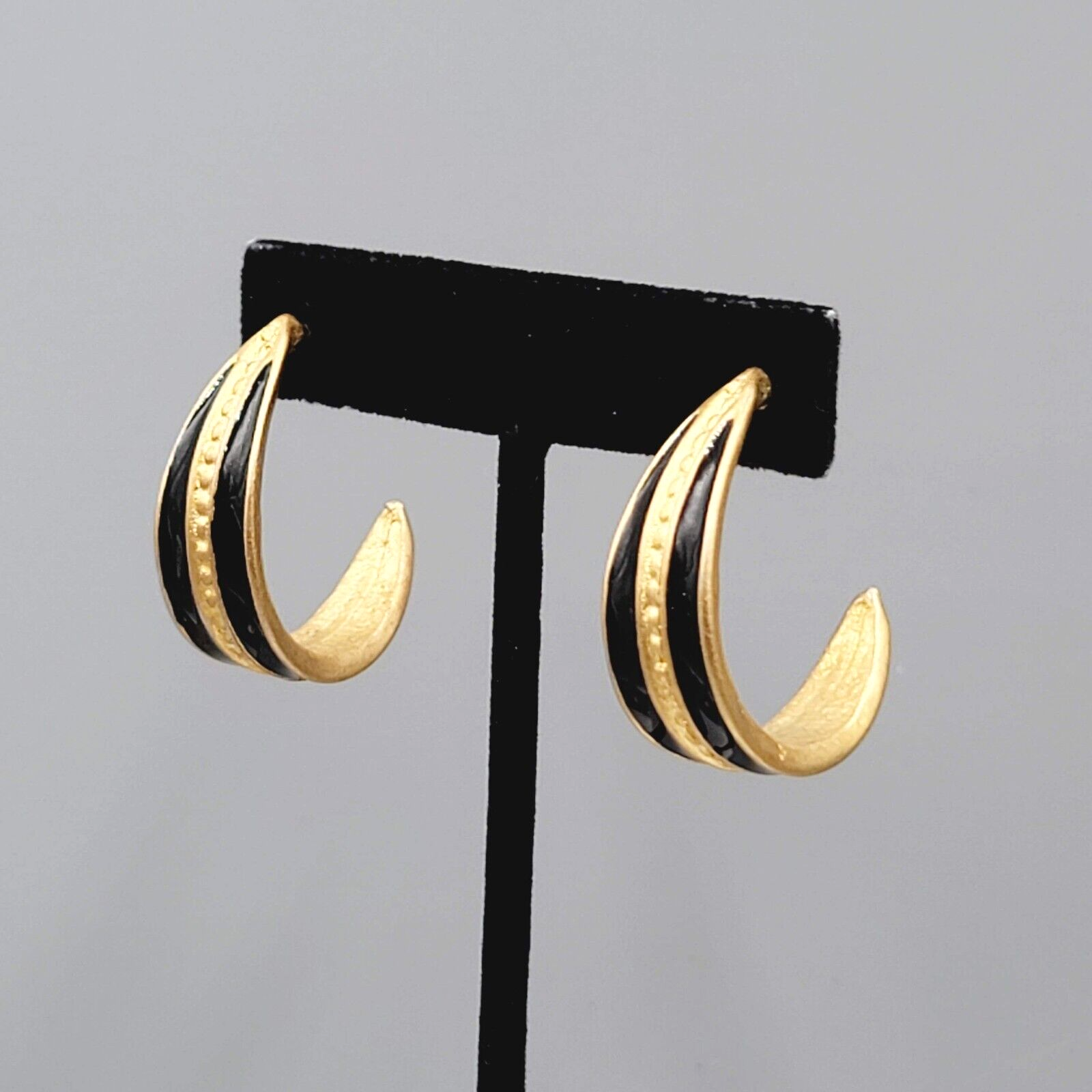 Hoop Pierced Earrings Brushed Gold Plated Black Enamel Drop 1.25"