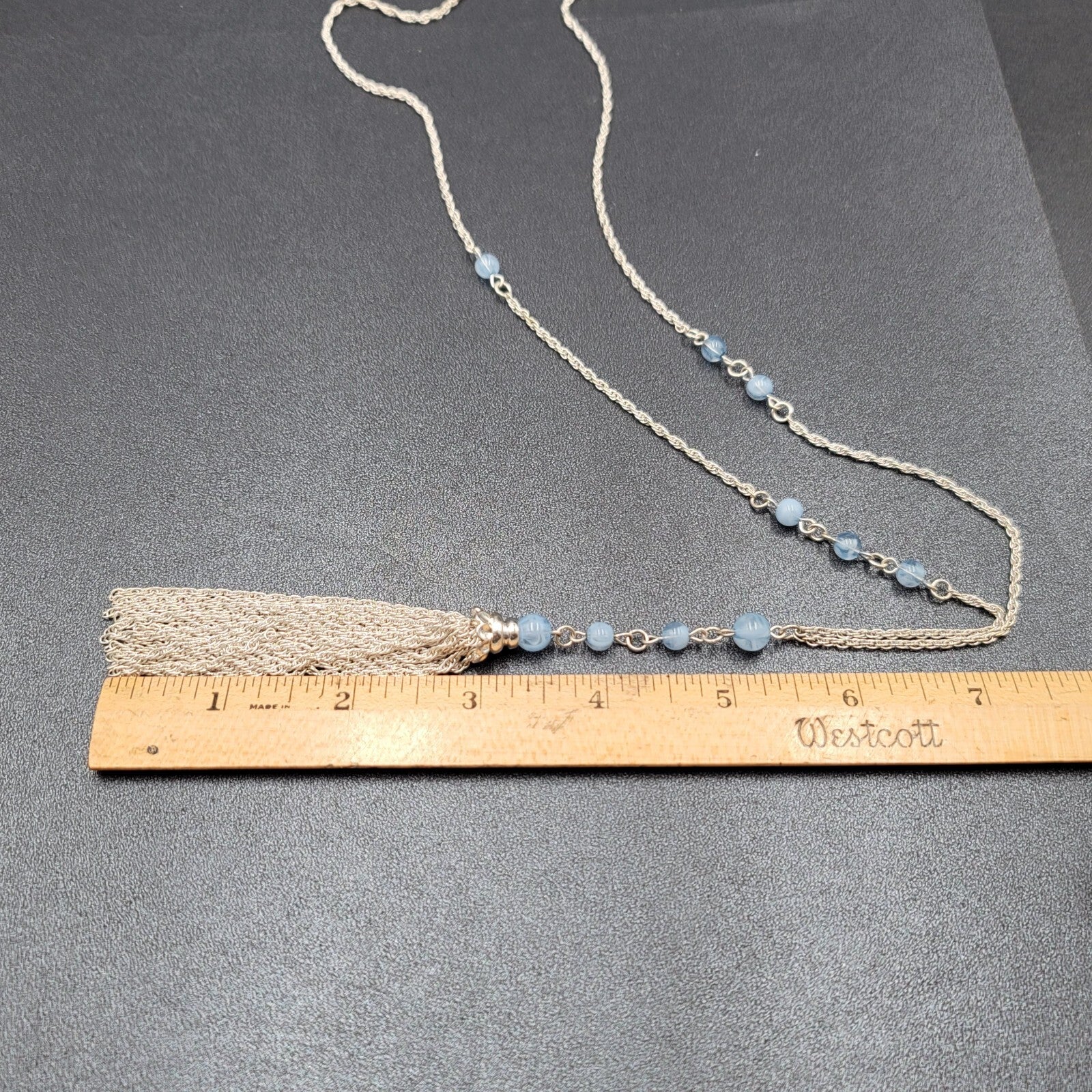 BR Banana Republic Necklace Blue Bead Chain Tassel Pendant Long 30"
