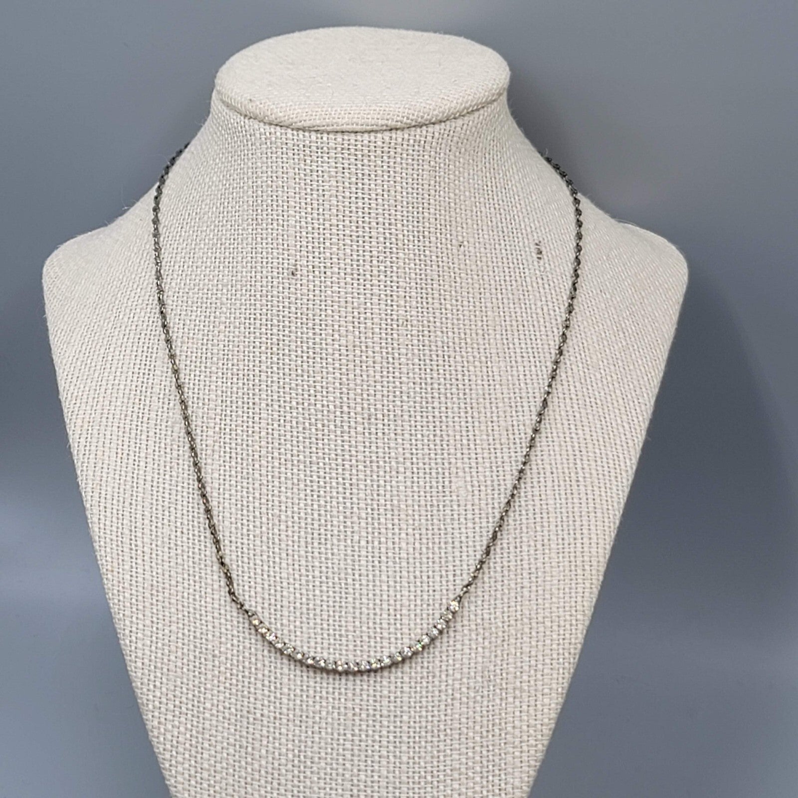 Rhinestone Necklace Silver tone Minimalist Dainty 18"
