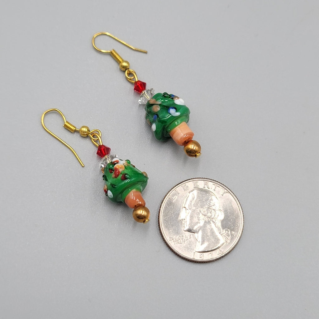 Christmas Tree Pierced Earrings Art Glass Bead Dangle 1.25"