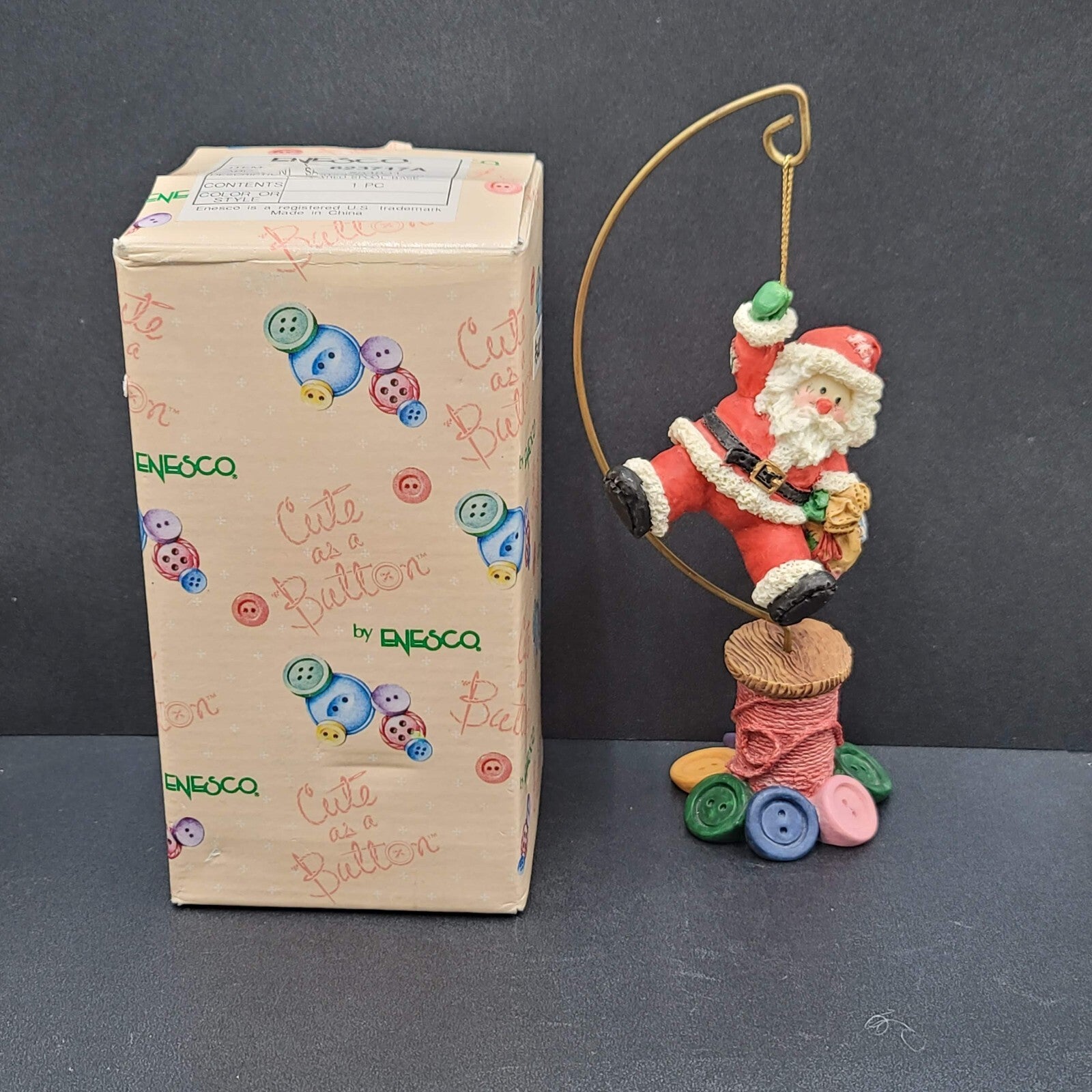 Vtg Christmas Enesco Cute As A Button Santa Green Glove Spool Base Figurine