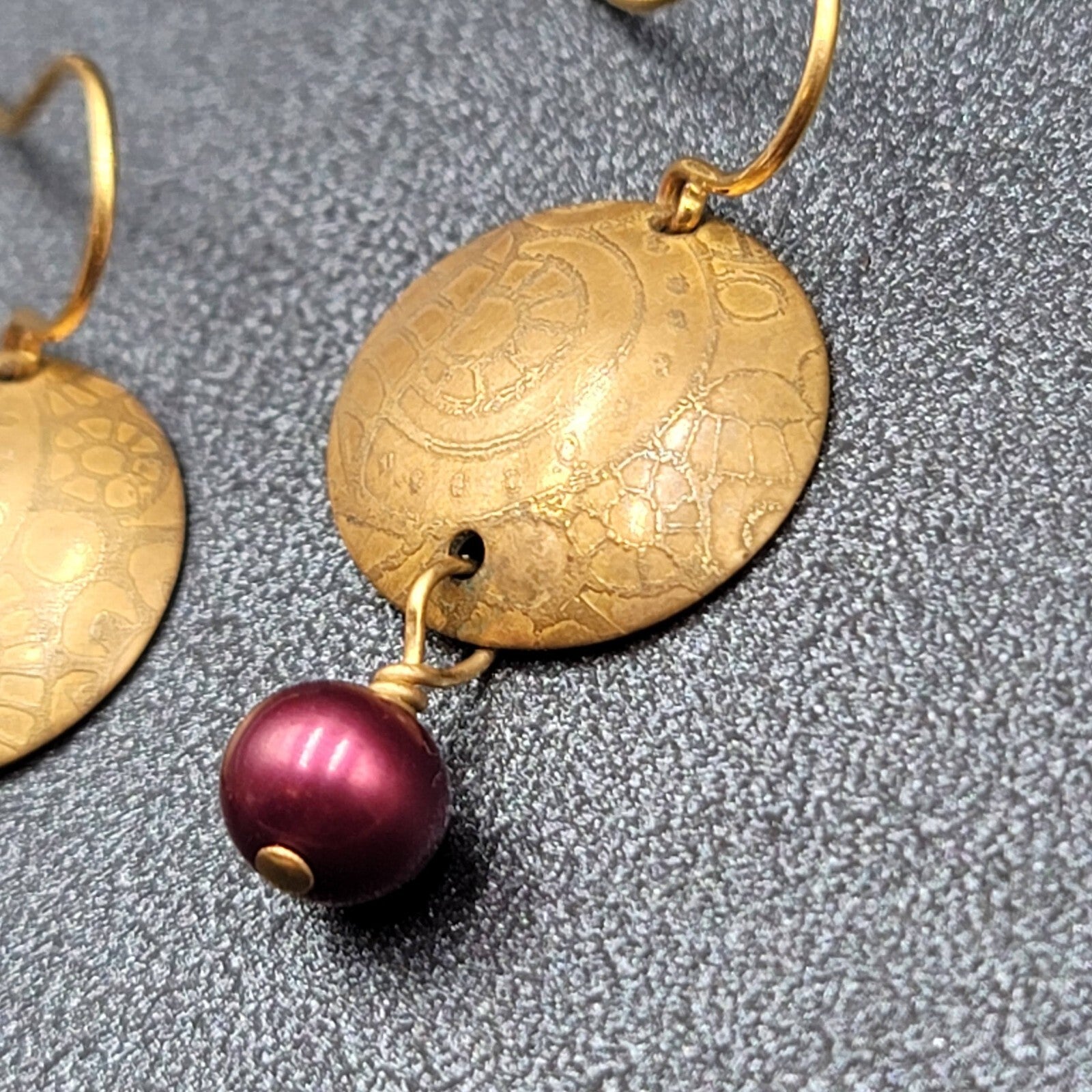 Pierced Earrings Brushed Gold Plated Embossed Disk Red Bead 1"