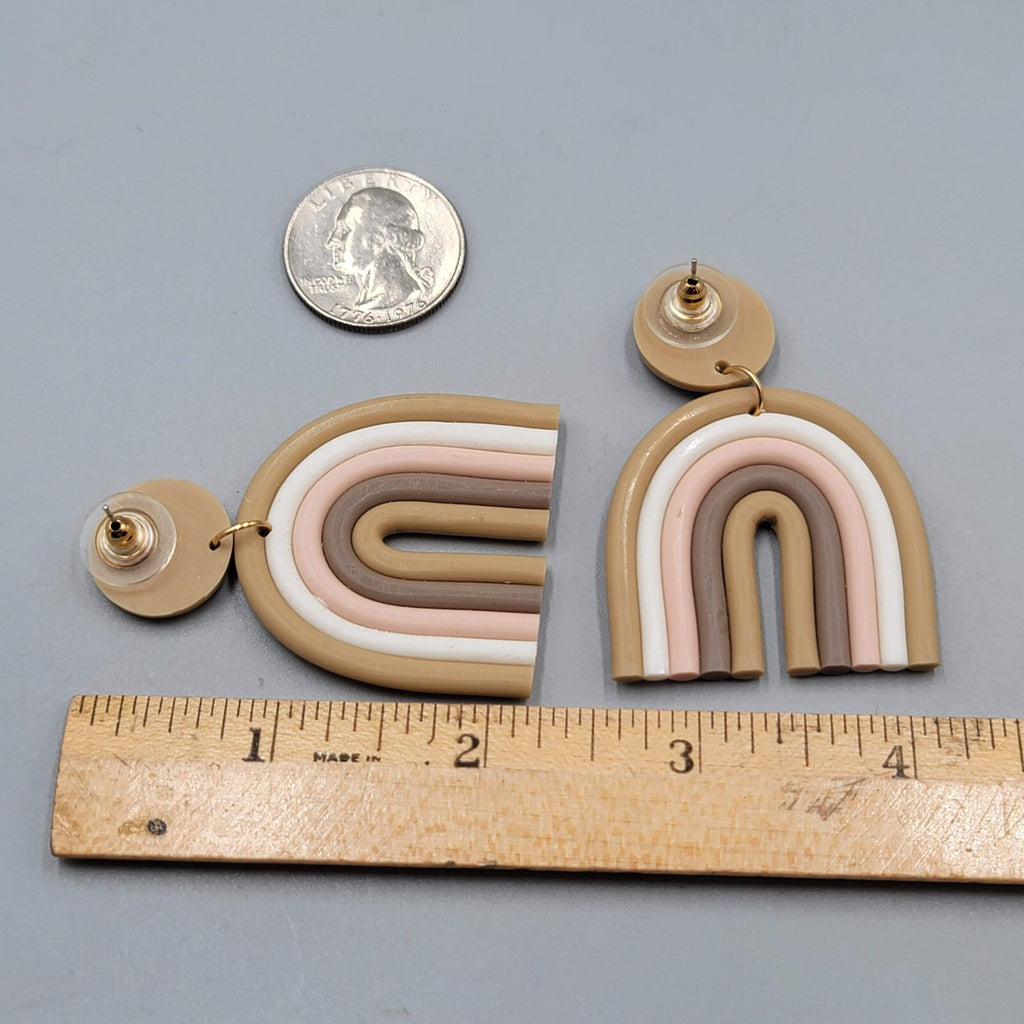 Polymer Clay Statement Pierced Earrings Tan White Pink Dangle 2.25"