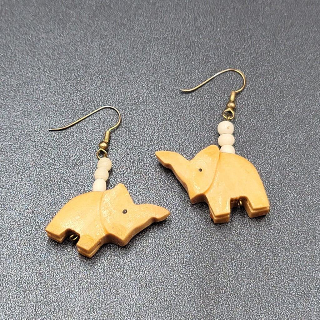 Vintage Pierced Earrings Solid Wood Hand Carved Elephant Dangle 1.5"