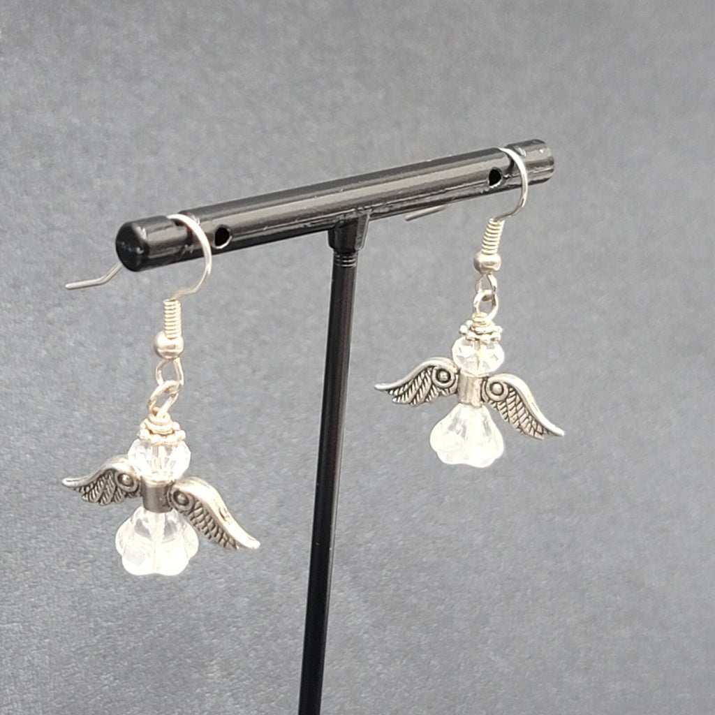 Angel Pierced Earrings Silver tone Glass Beaded Dangle 7/8"