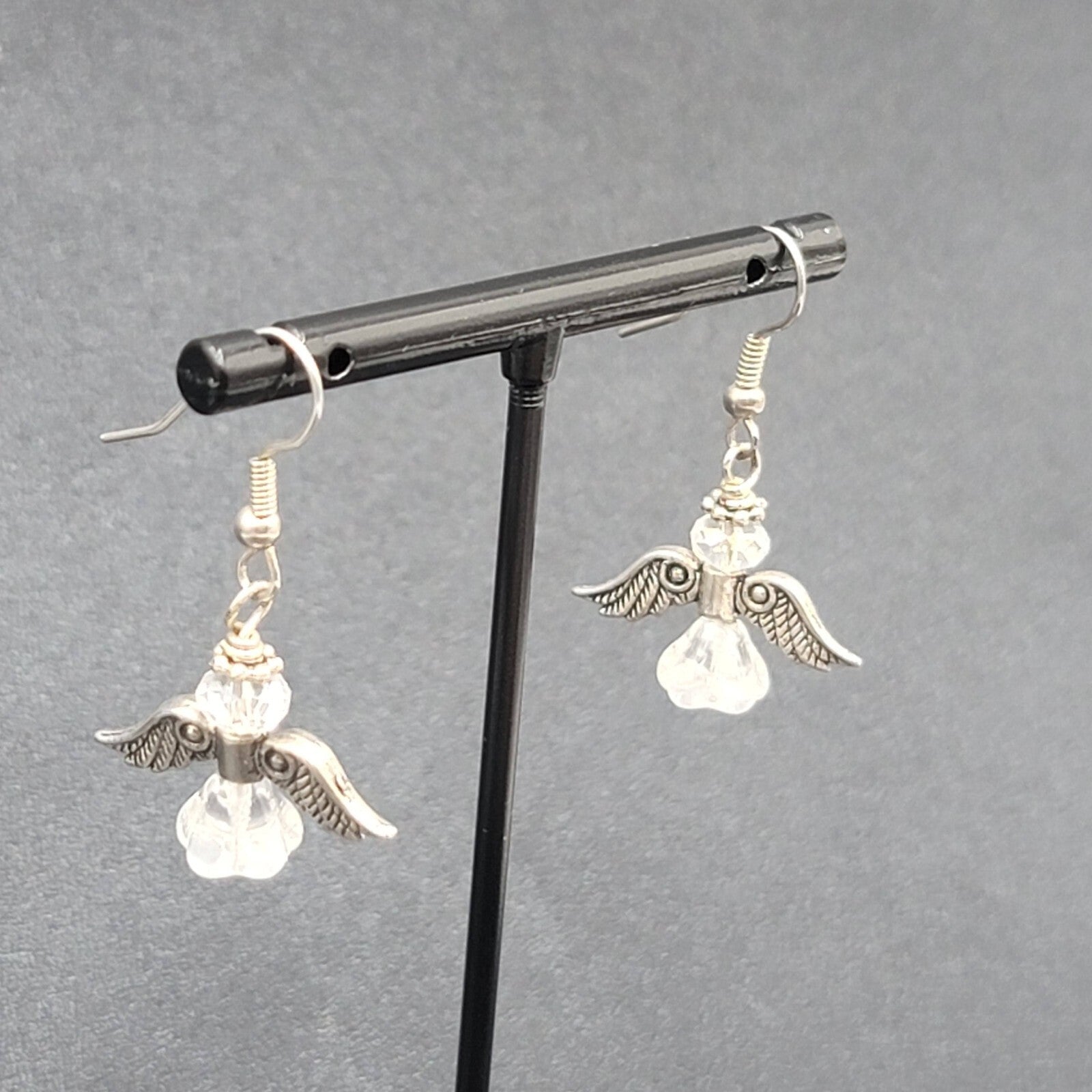 Angel Pierced Earrings Silver tone Glass Beaded Dangle 7/8"
