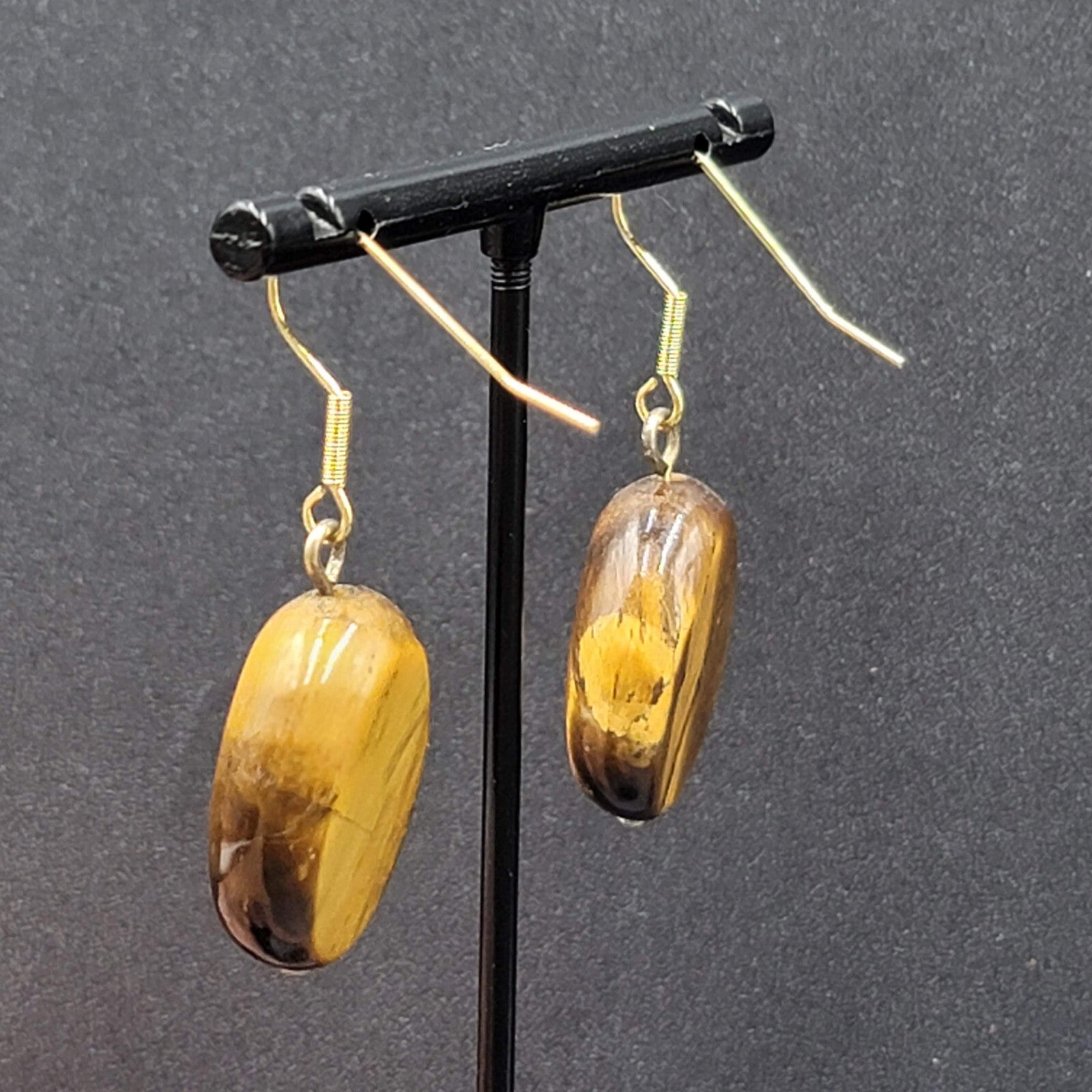 Pierced Earrings Gold tone Tigers Eye Teardrop Dangle 1 1/8"