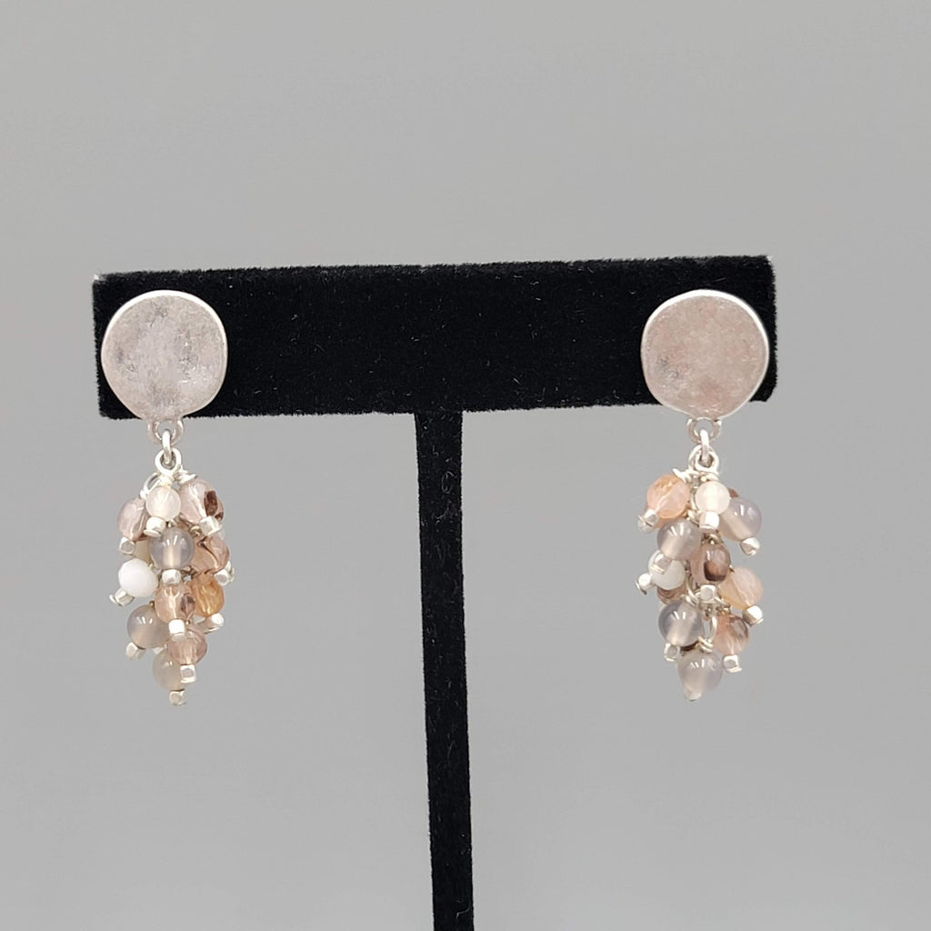 Pierced Earrings Silver tone Dangle Cluster Glass Beads Neutral Colors 1.5"