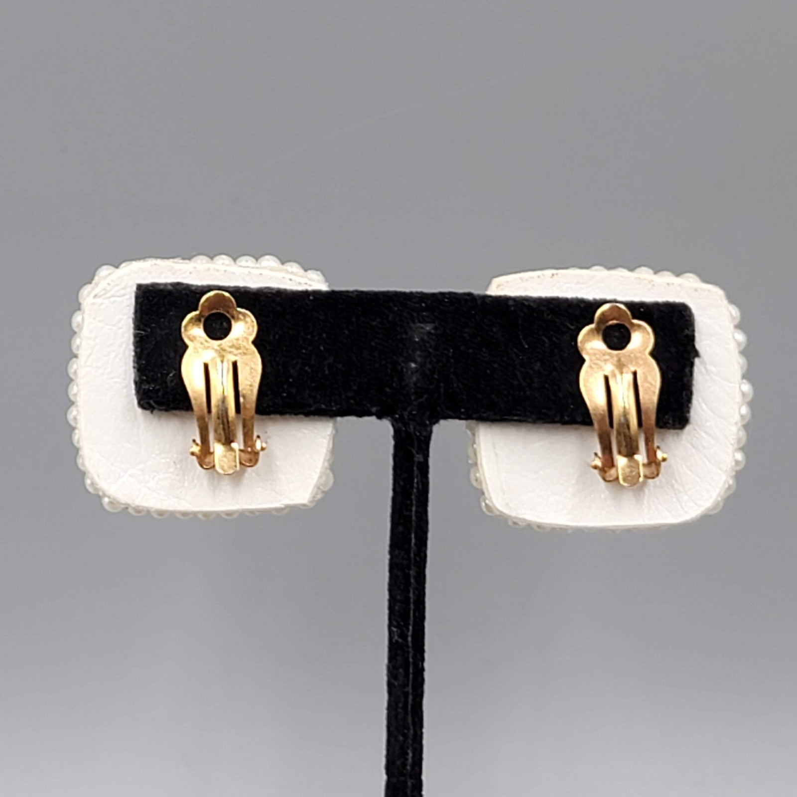 Vintage White Bead Sequin Leather Clip on Earrings Square Gold tone 1.25"