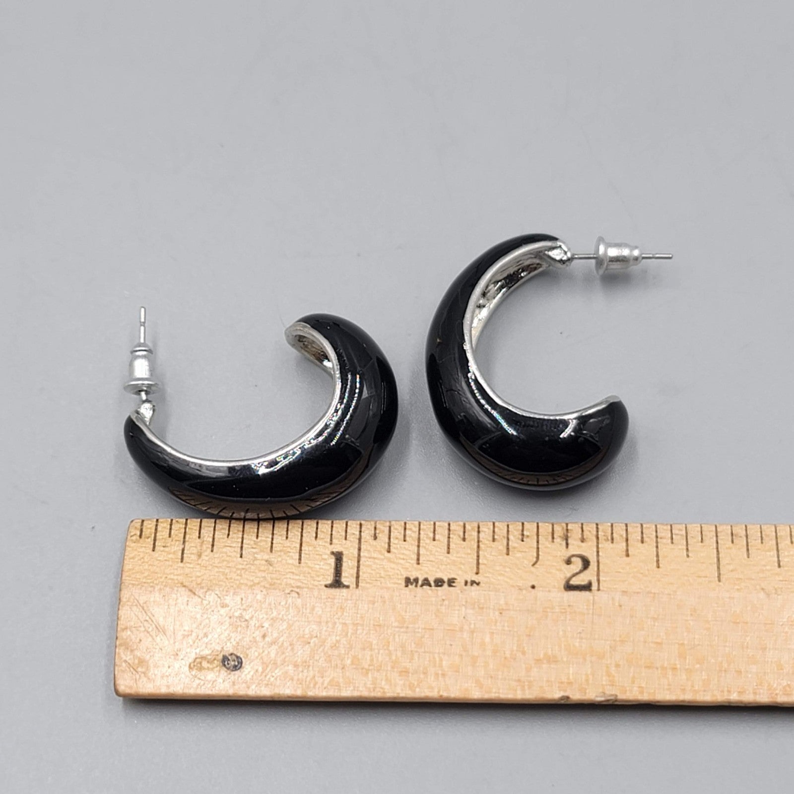 Black Enamel Drop Hoops Pierced Earrings Silver tone 1.25 in