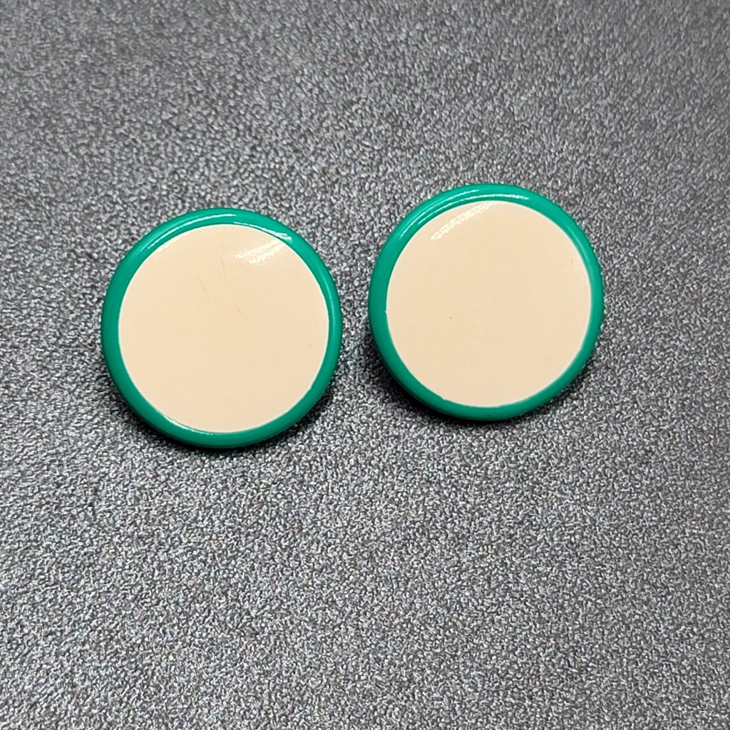 Vintage Pierced Earrings Green White Round Enamel 7/8"