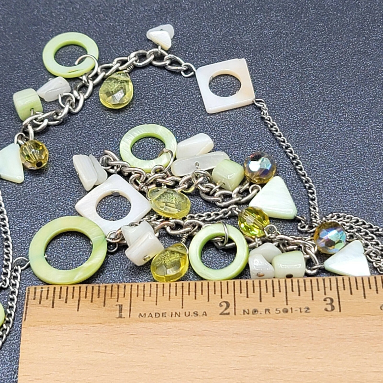 Green Shell Necklace Bohemian Boho Silver tone Crystal Faceted Bead 40"