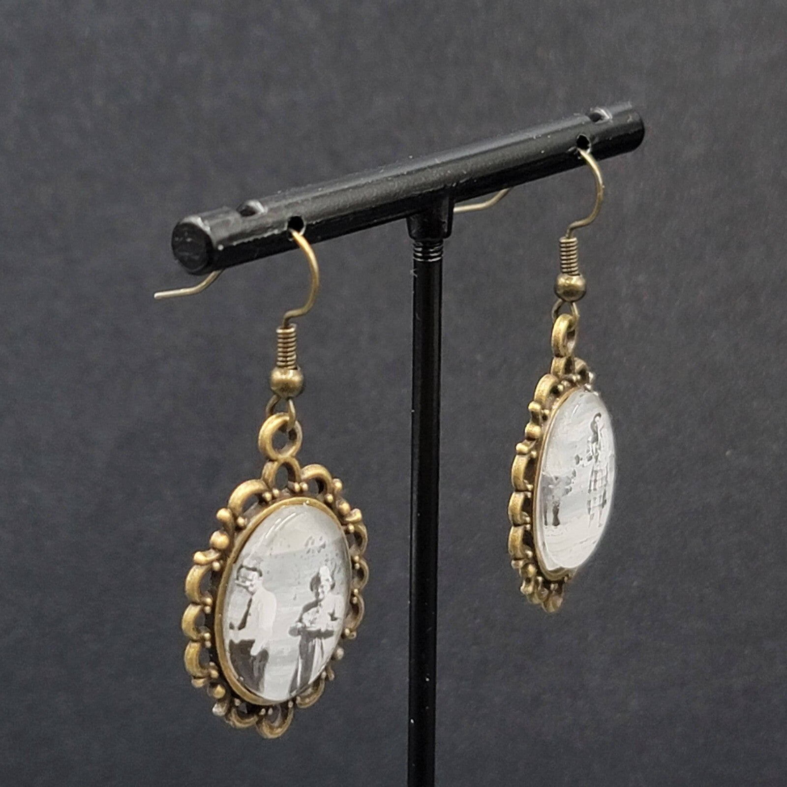 Pierced Earrings Bronze tone Real Photo Glass Cabochon Dangle 1.25"