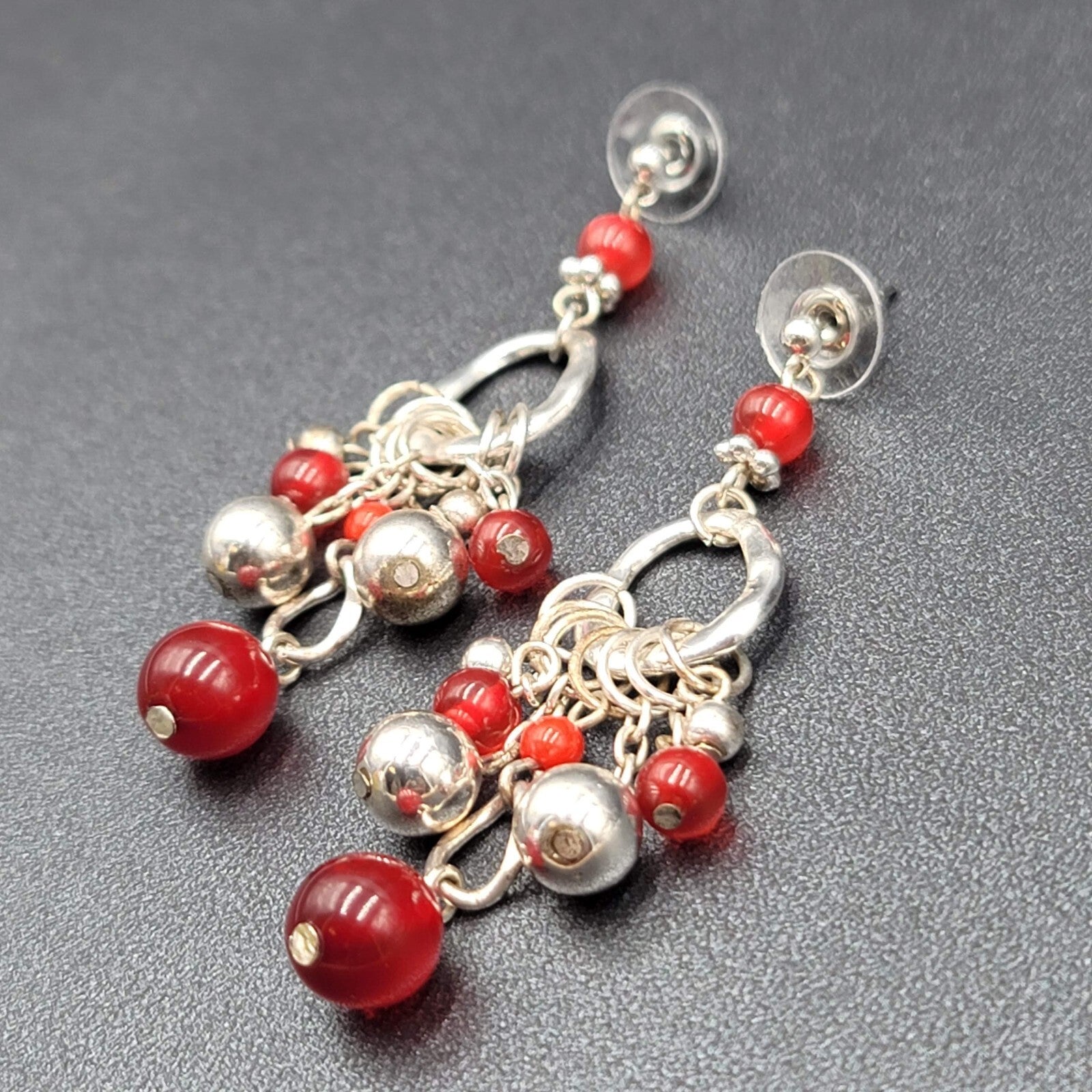 Pierced Earrings Silver tone Moonglow Red Beads Dangle 2.5"