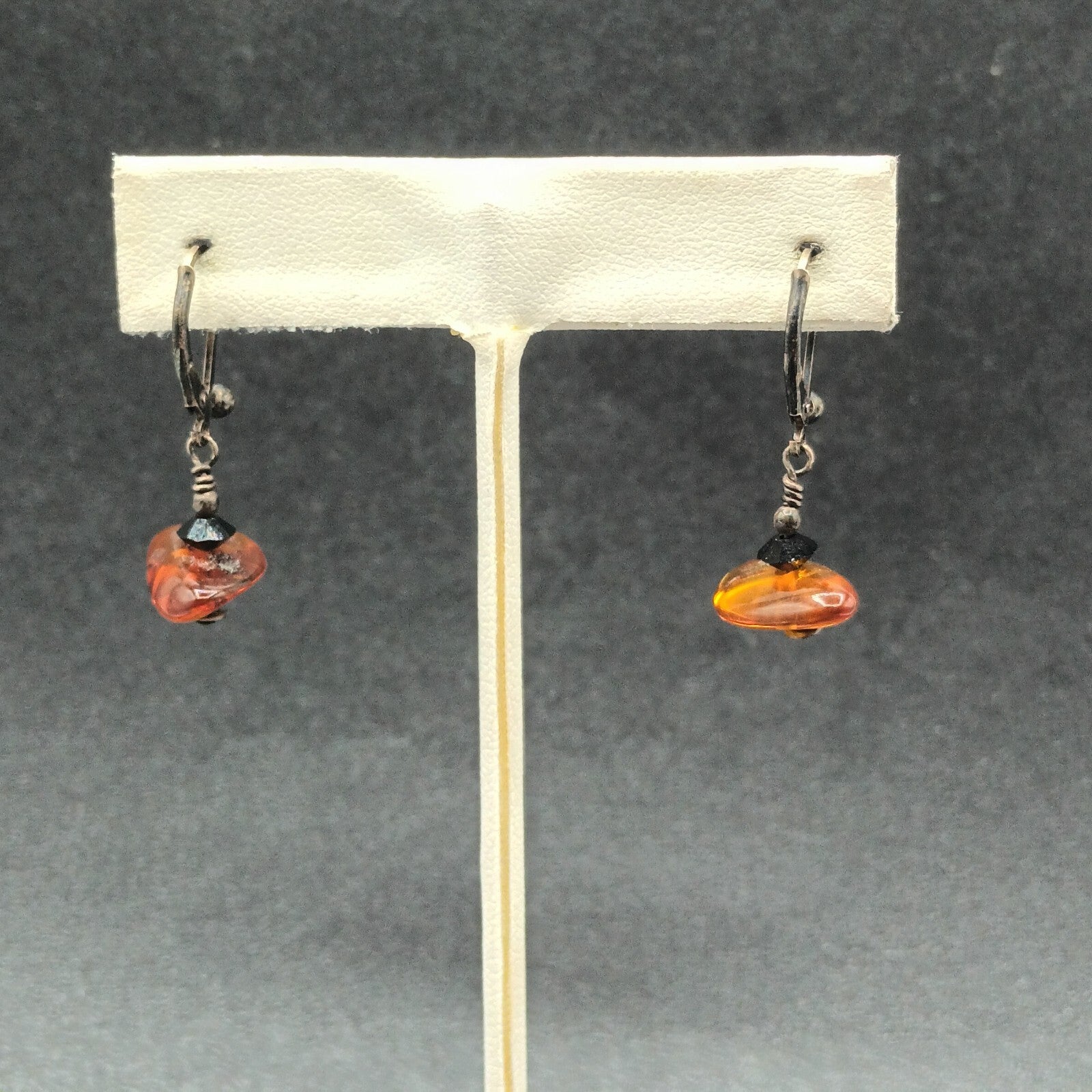 Pierced Earrings Black Metal Amber Beaded Dangle 1/2"