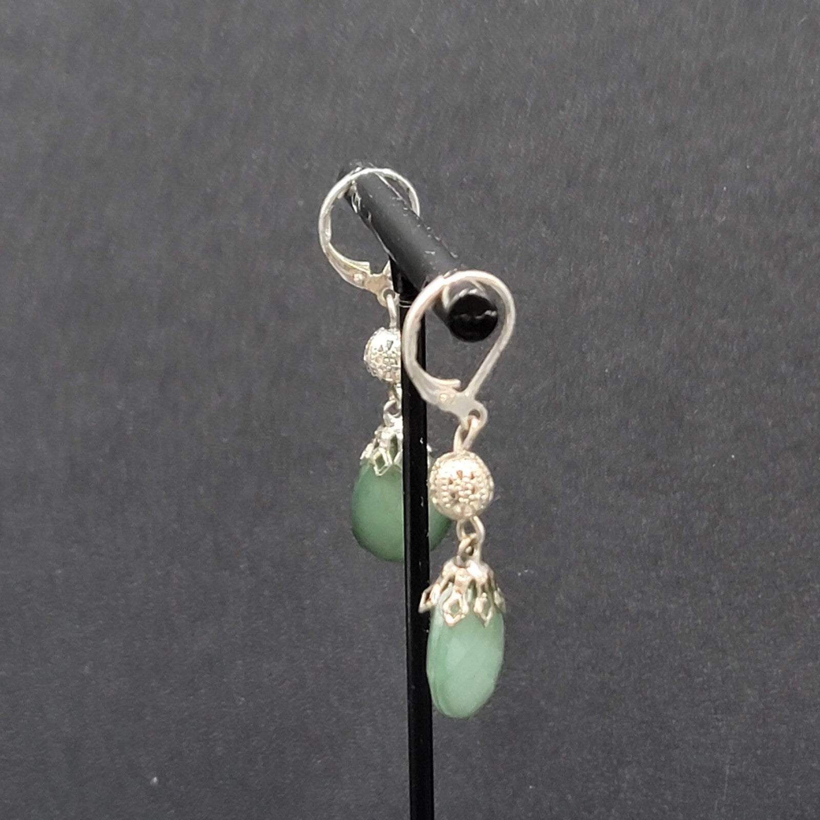Pierced Earrings Lightweight Green Teardrop Bead Silver tone Dangle 1.25"