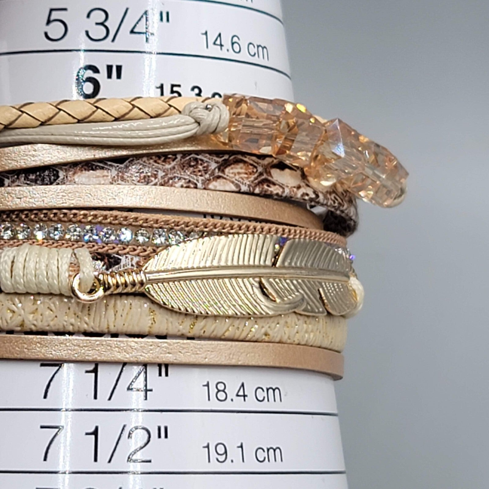 Wrap Bracelet Gold tone Tan Faux Leather Feather Charm Crystal Beads 6.5"